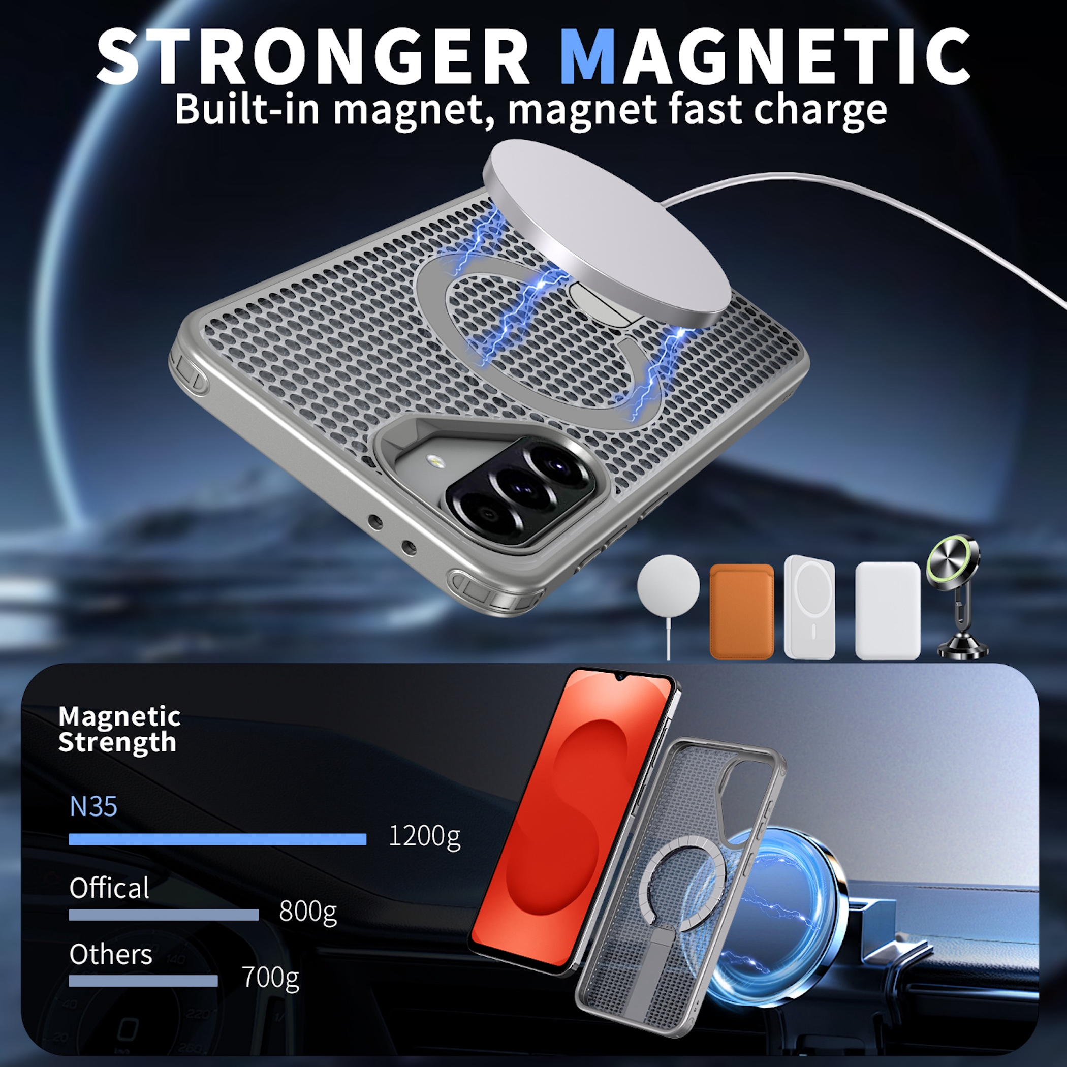 Starke Magnethülle für Smartphones mit kabelloser Ladefunktion und Zubehör.
