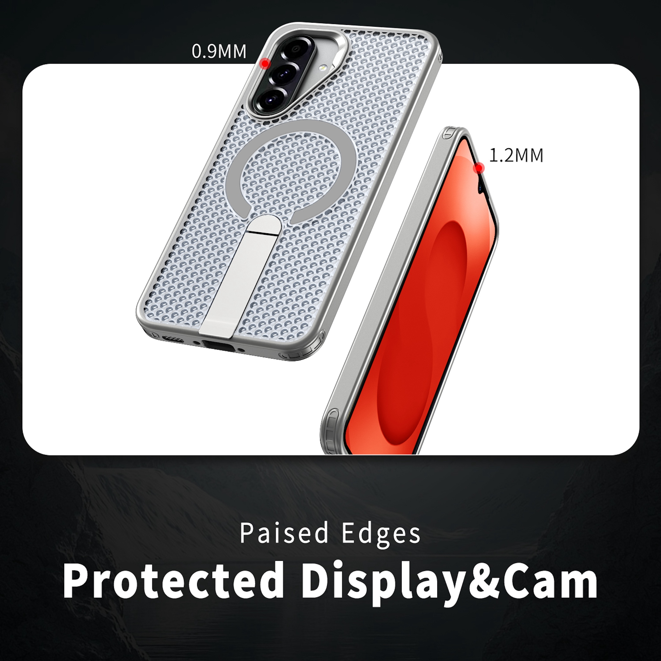 Silberne Schutzhülle mit integriertem Ständer und Schutz für Display und Kamera.