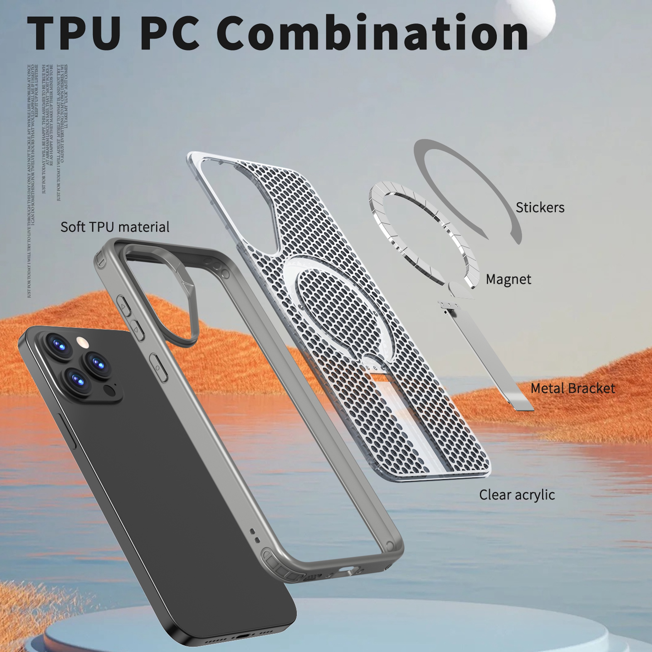 Explosionsansicht einer Smartphone-Hülle mit TPU-Material, klarem Acryl, Magnet, Aufklebern und Metallhalterung.