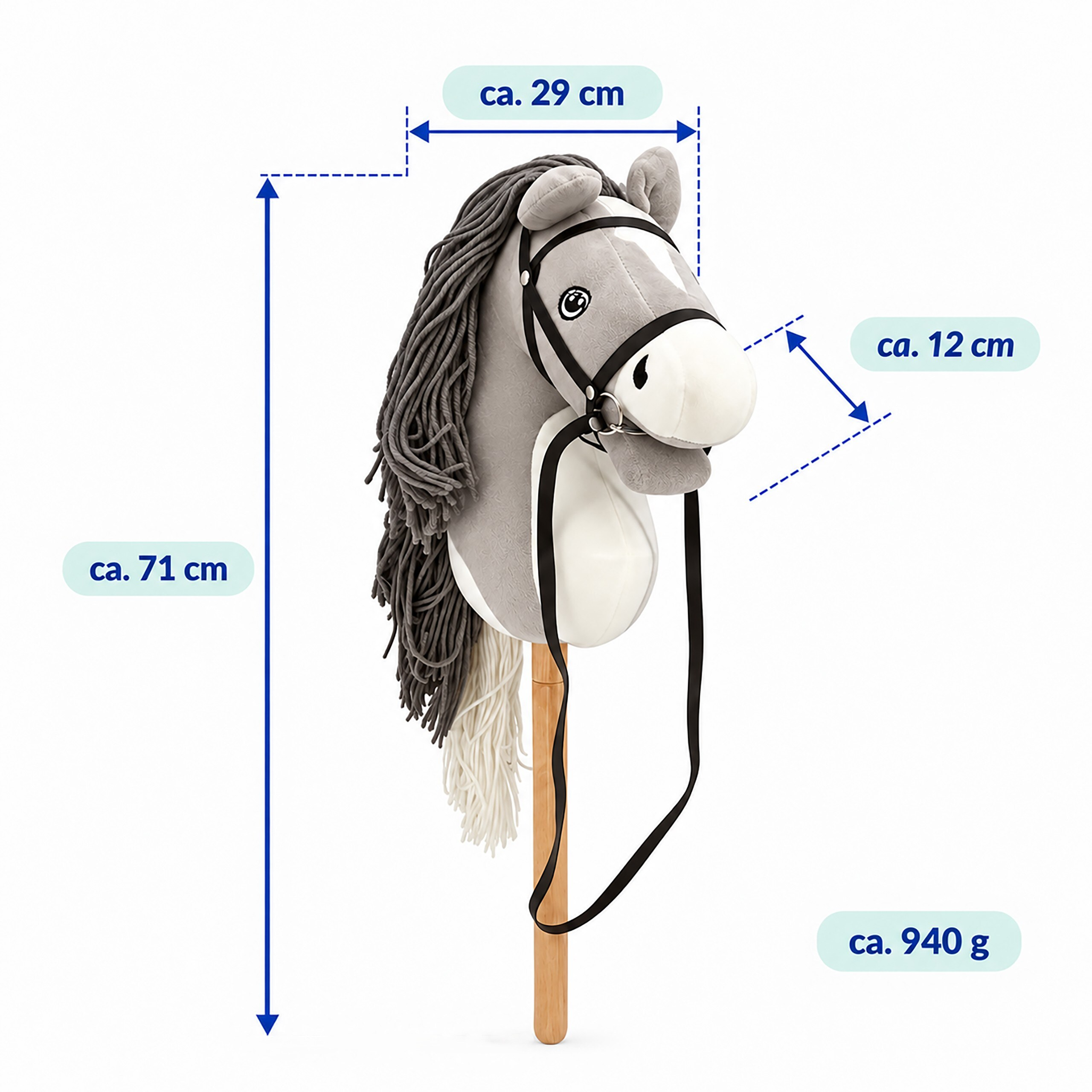 Graues Steckenpferd mit schwarzem Halfter und Maßeinheiten auf weißem Grund.