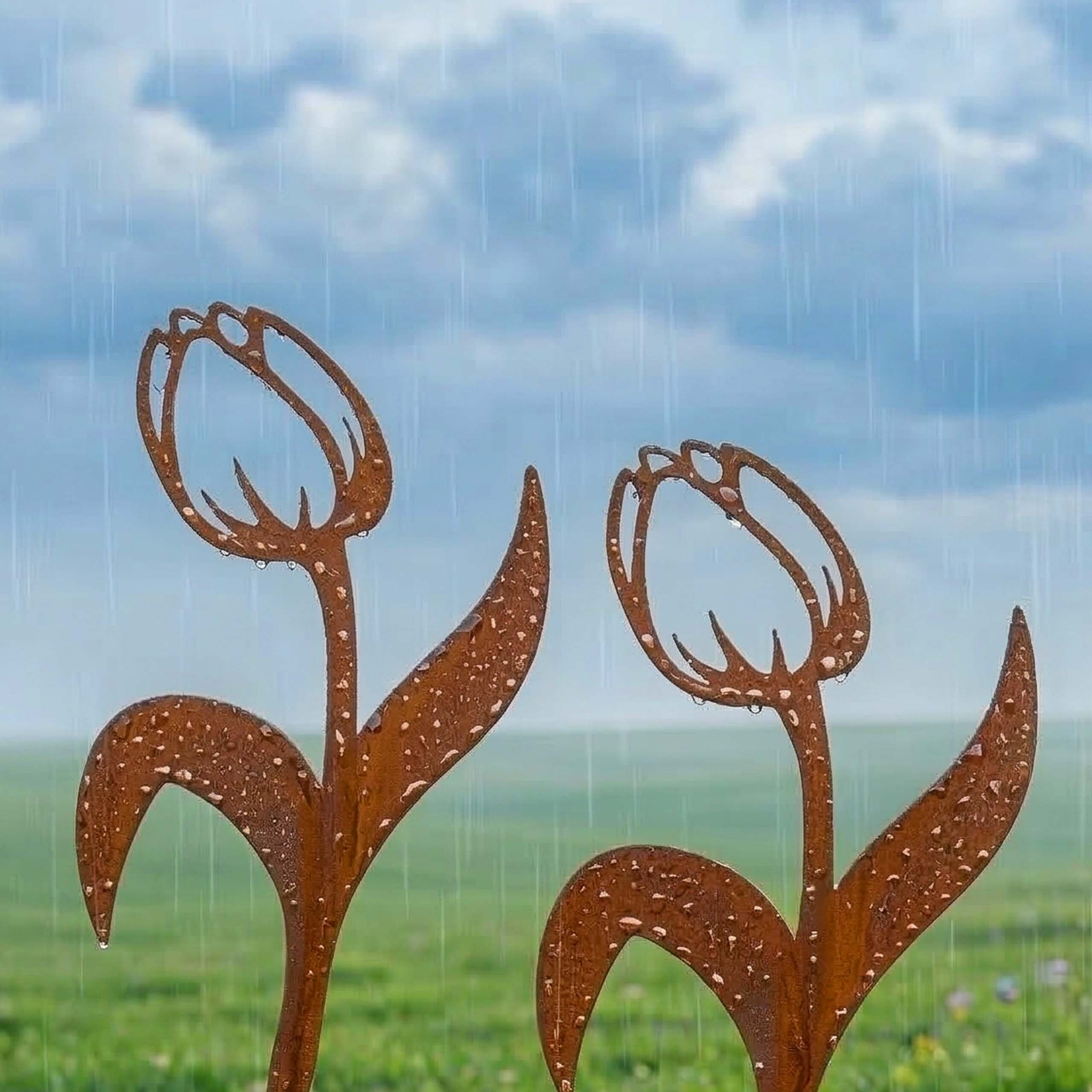 Rostige Metalltulpen stehen im Regen vor einer grünen Wiese und einem bewölkten Himmel.