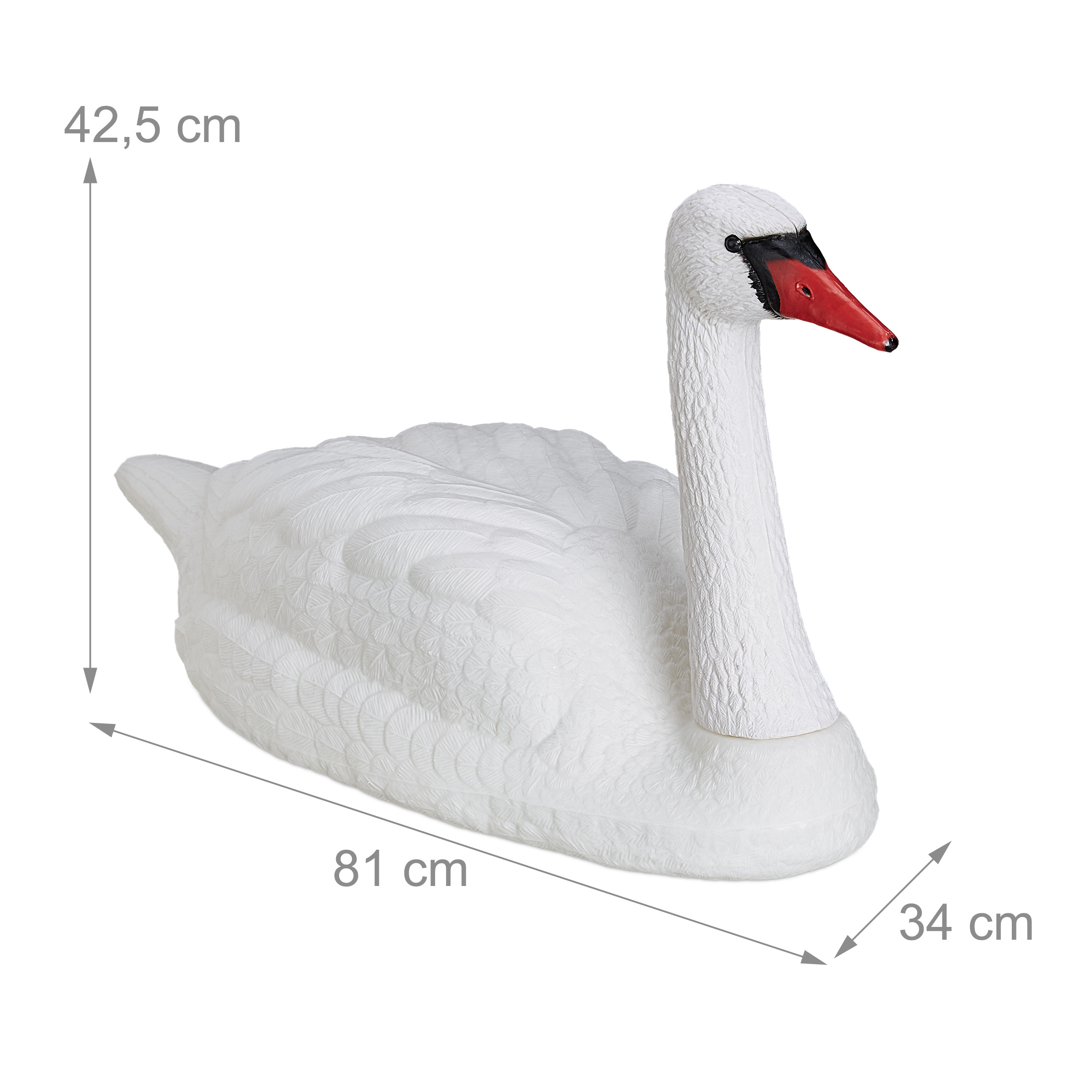 Weiße Schwanenfigur mit Maßen 42,5 cm Höhe, 81 cm Länge und 34 cm Breite auf weißem Hintergrund.