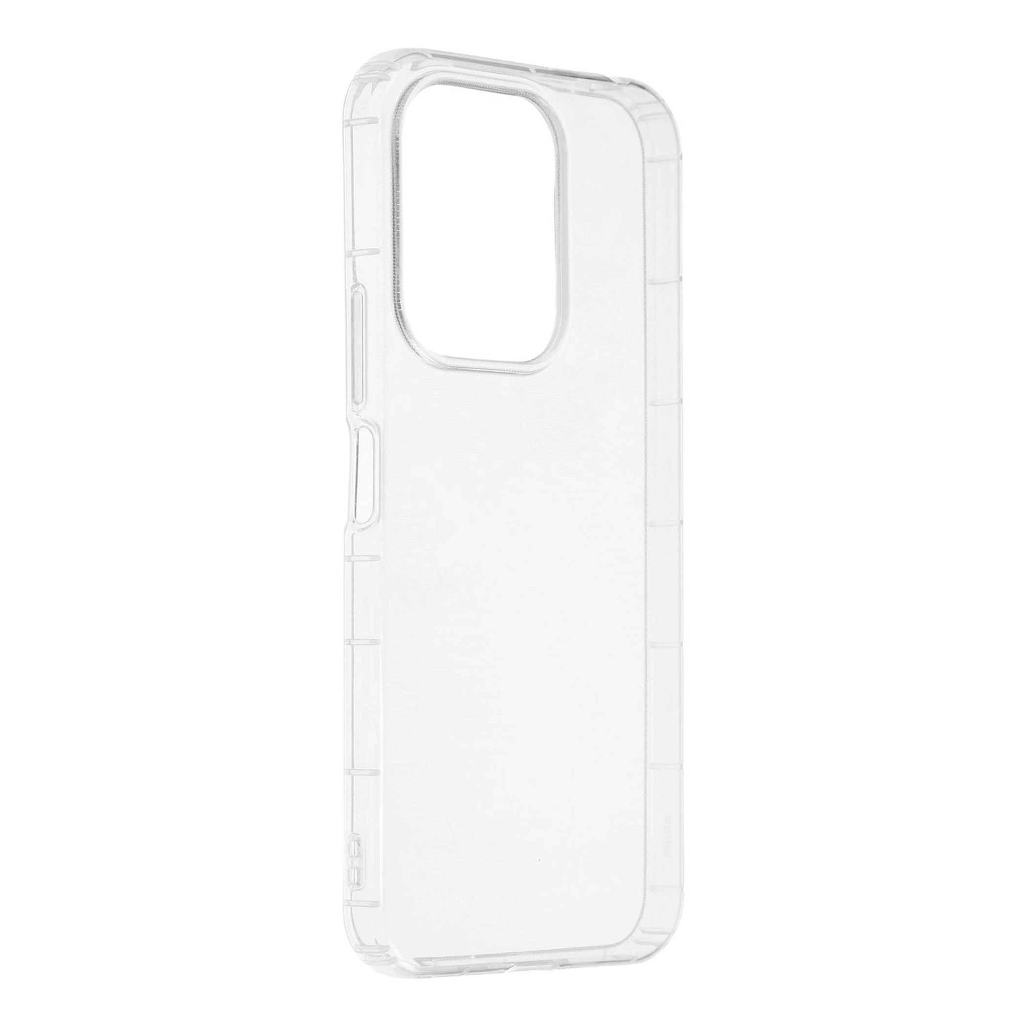Eine transparente Handyhülle aus Plastik auf weißem Hintergrund.