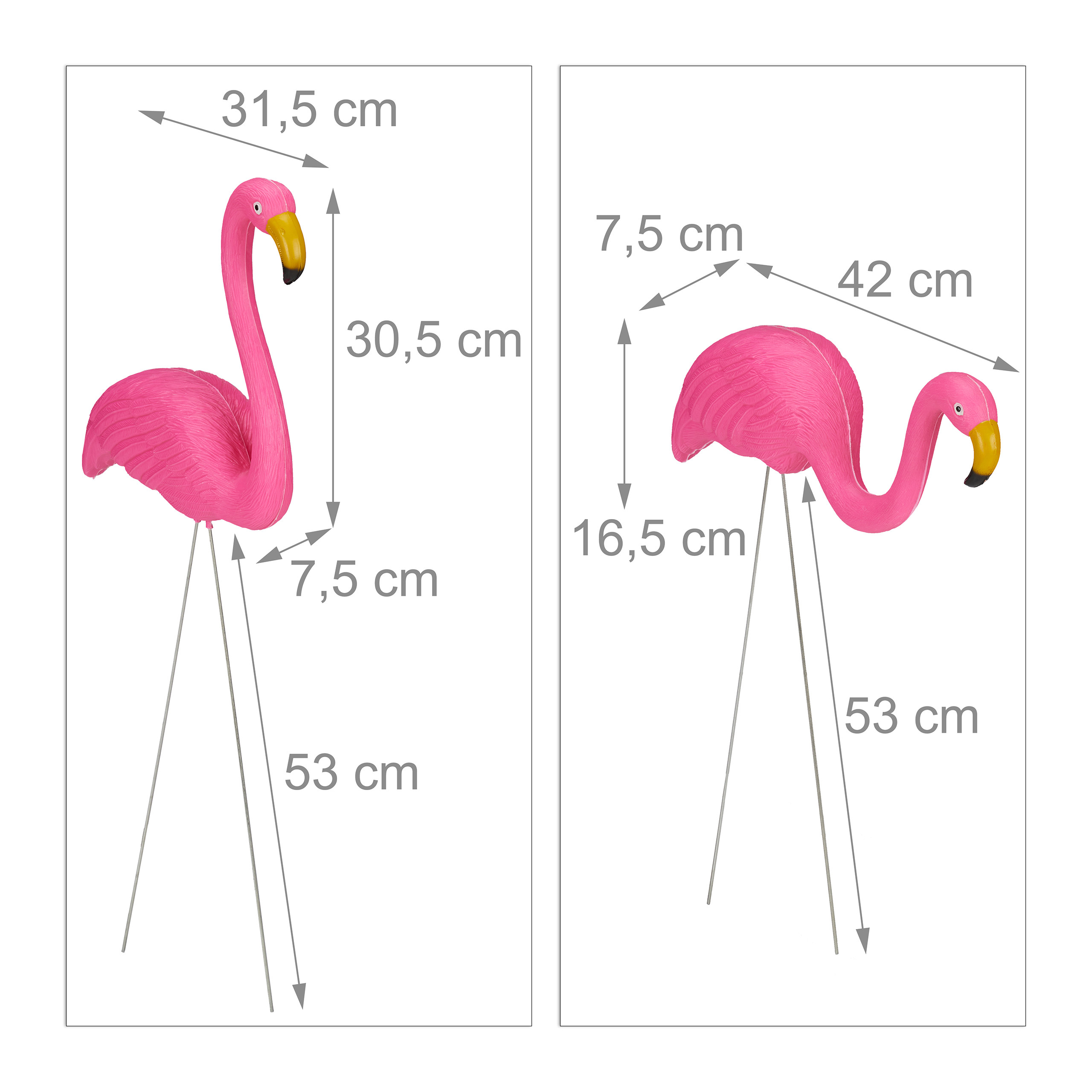 Zwei rosa Flamingo-Gartenfiguren mit Metallbeinen und Maßen in Zentimetern.