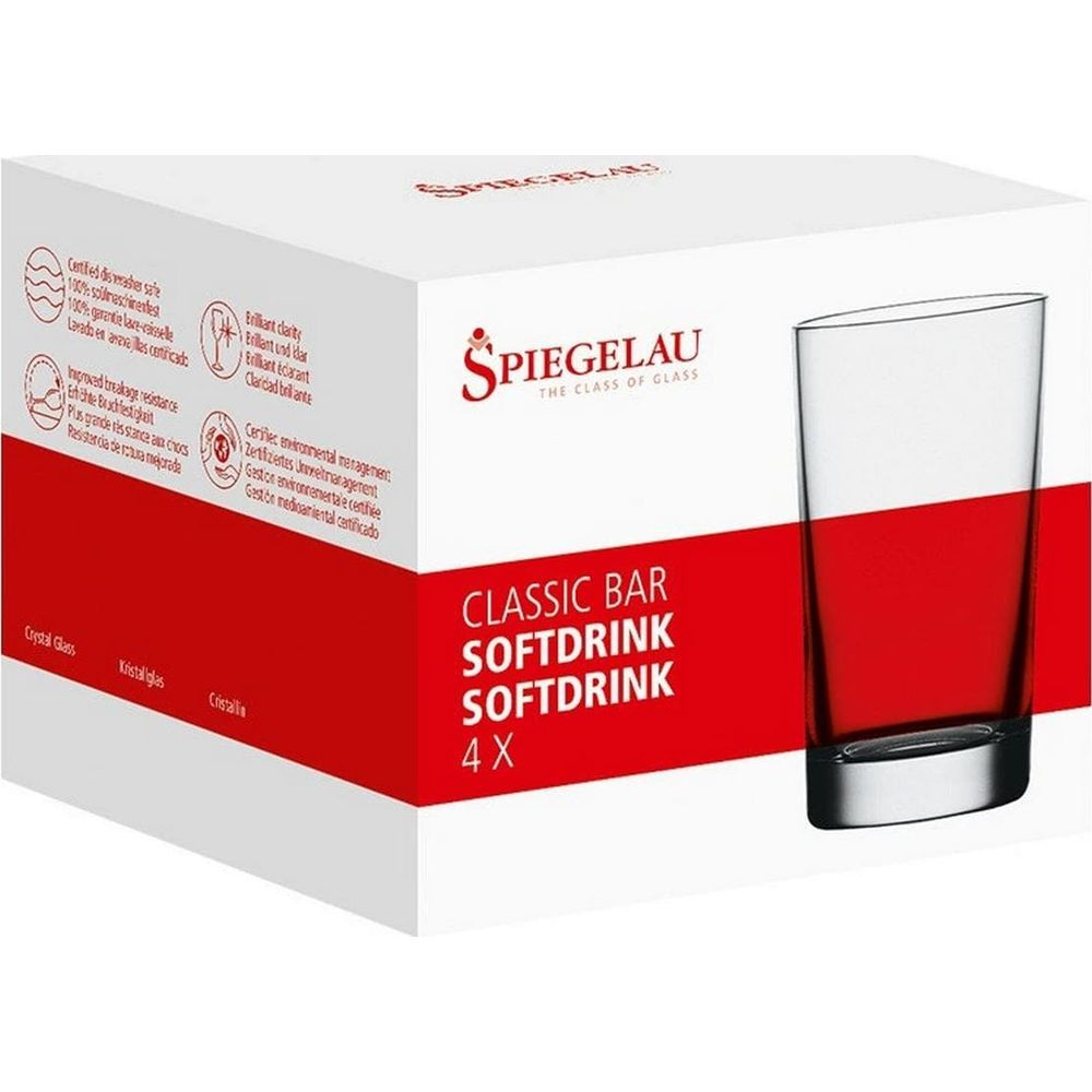 Eine weiße und rote Produktverpackung von Spiegelau Classic Bar für vier Softdrink-Gläser.