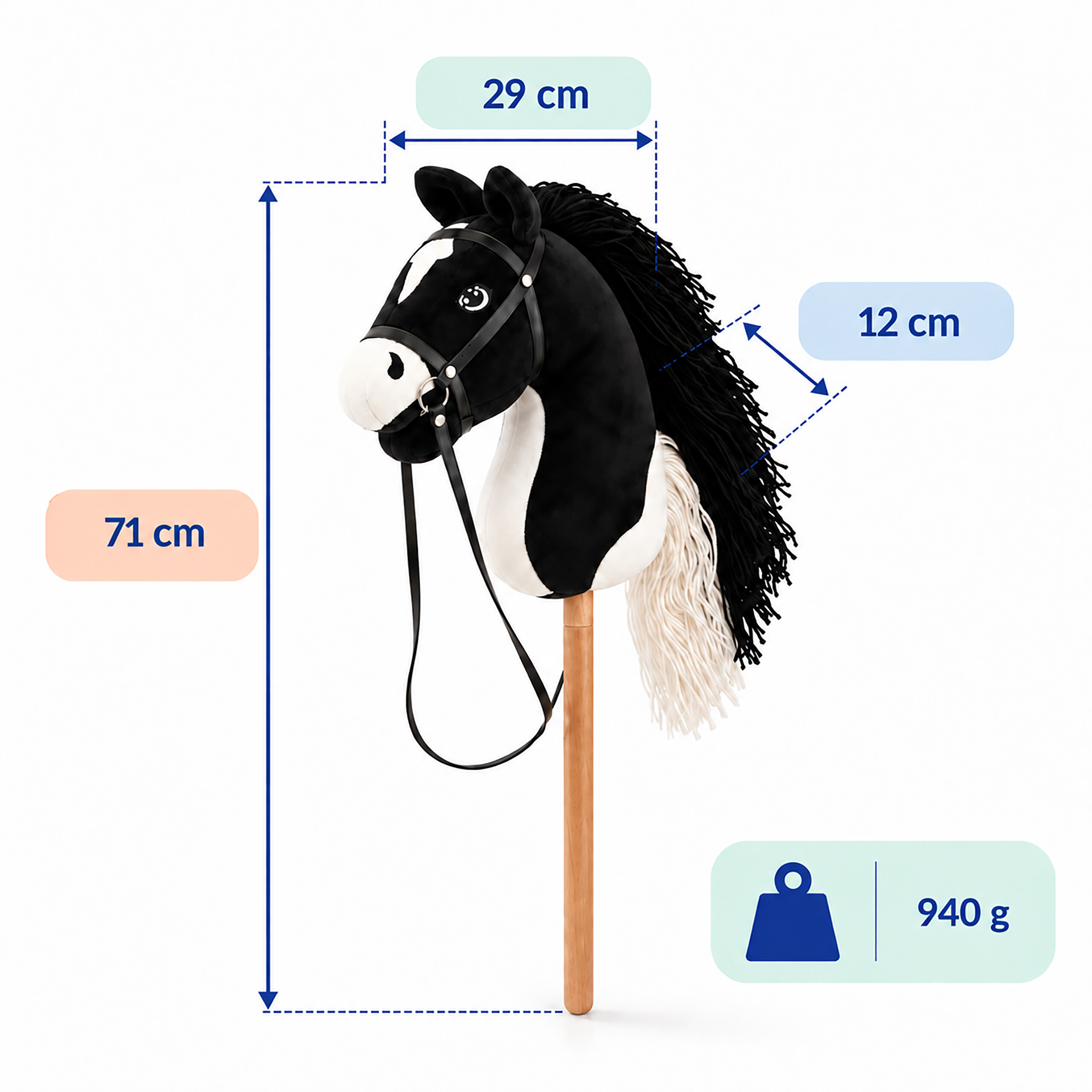 Ein schwarzes Steckenpferd mit weißer Mähne auf einem Holzstab und Maßangaben.