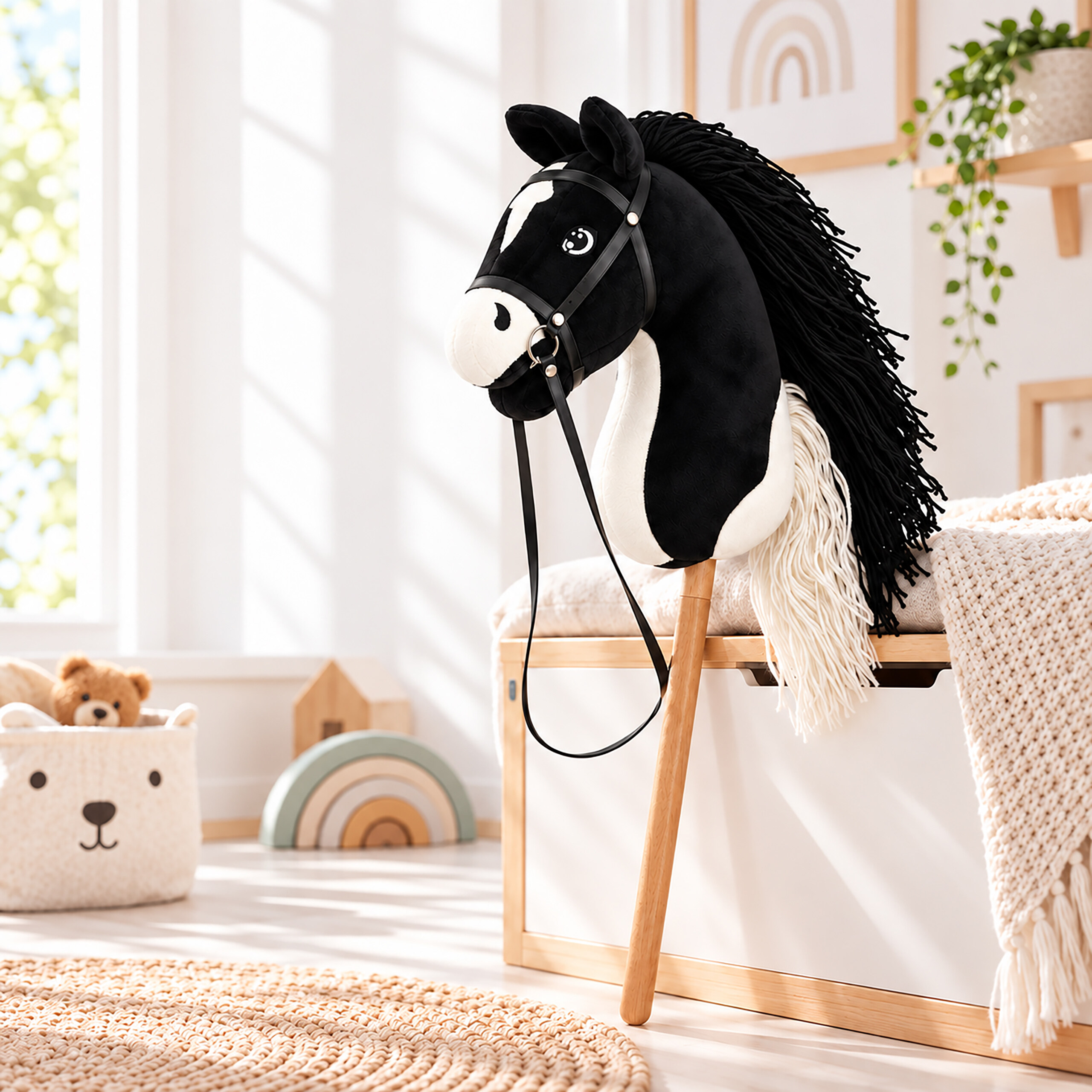 Ein schwarz-weißes Steckenpferd mit schwarzer Mähne und Zaumzeug steht auf einem Holzstab in einem sonnigen Kinderzimmer.