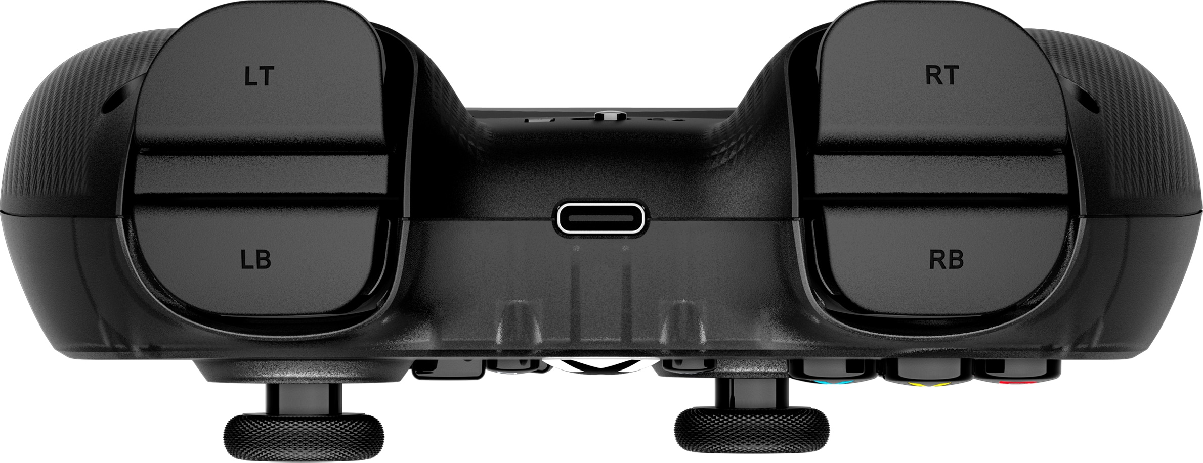 Rückseite eines schwarzen Gamepads mit Schultertasten LT, RT, LB, RB und einem USB-C-Anschluss in der Mitte.