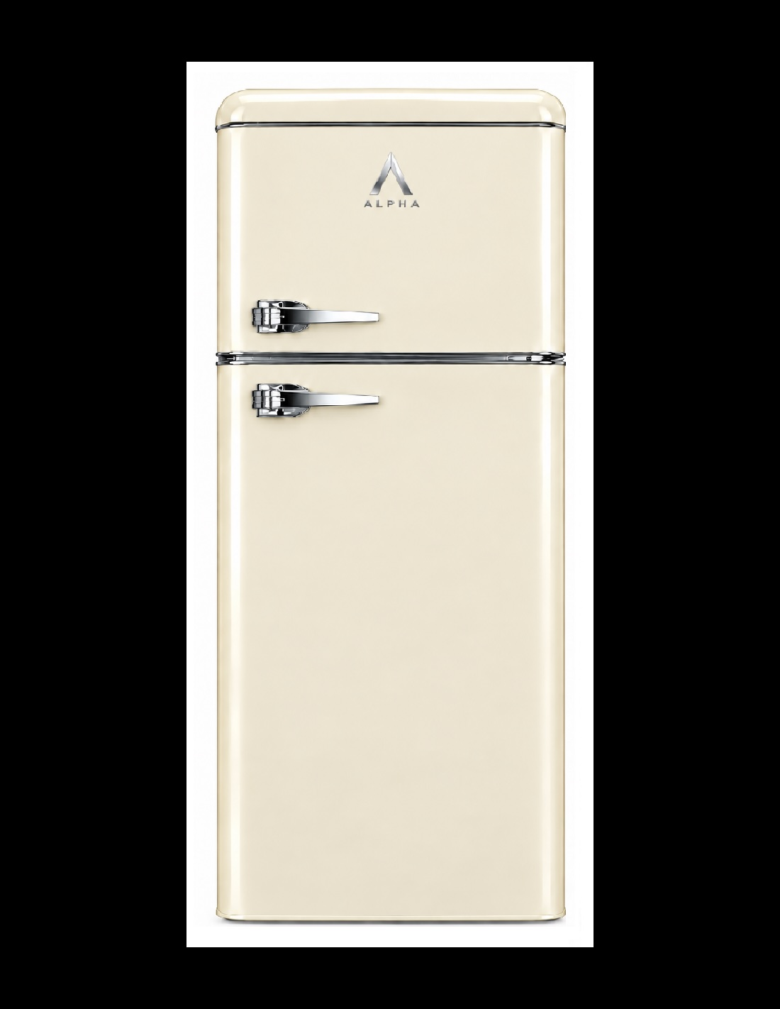 Un refrigerador retro color crema con manijas plateadas brillantes y el logotipo de Alpha sobre fondo blanco.
