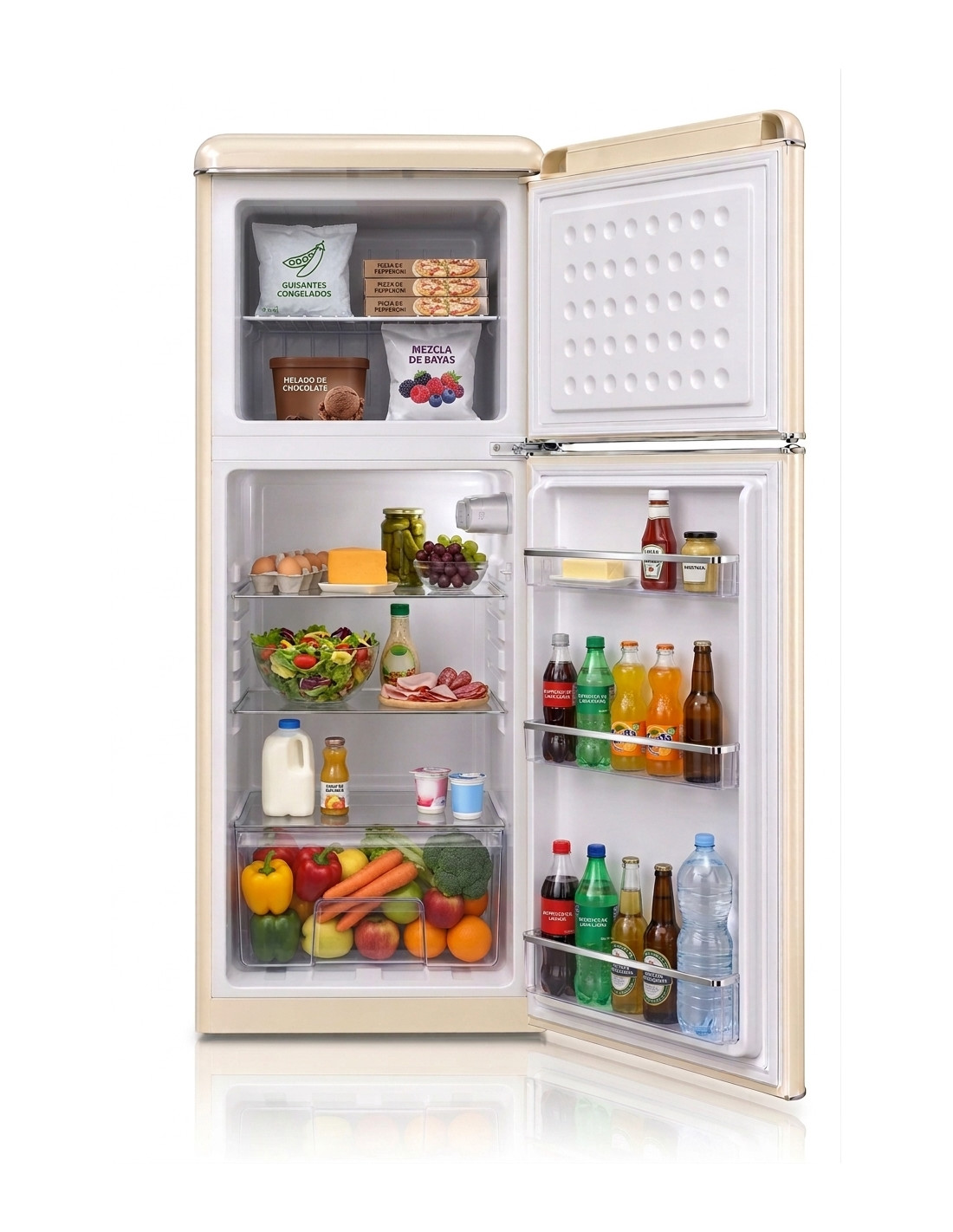 Frigorífico retro beige con puertas abiertas, lleno de verduras frescas, bebidas, lácteos y alimentos congelados.