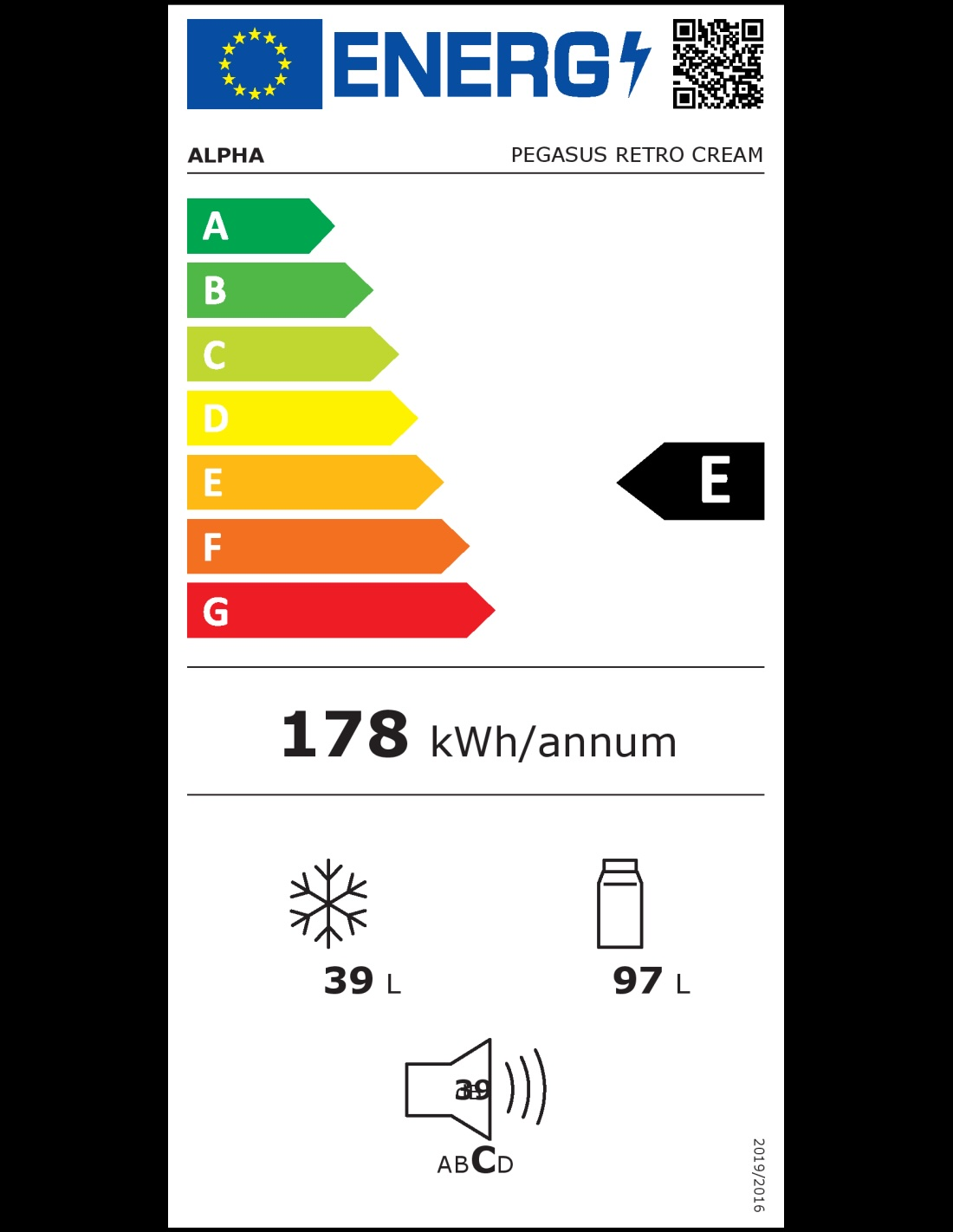 Etiqueta energética de la UE para Alpha Pegasus Retro Cream, clase E, con 178 kWh al año y otros detalles.