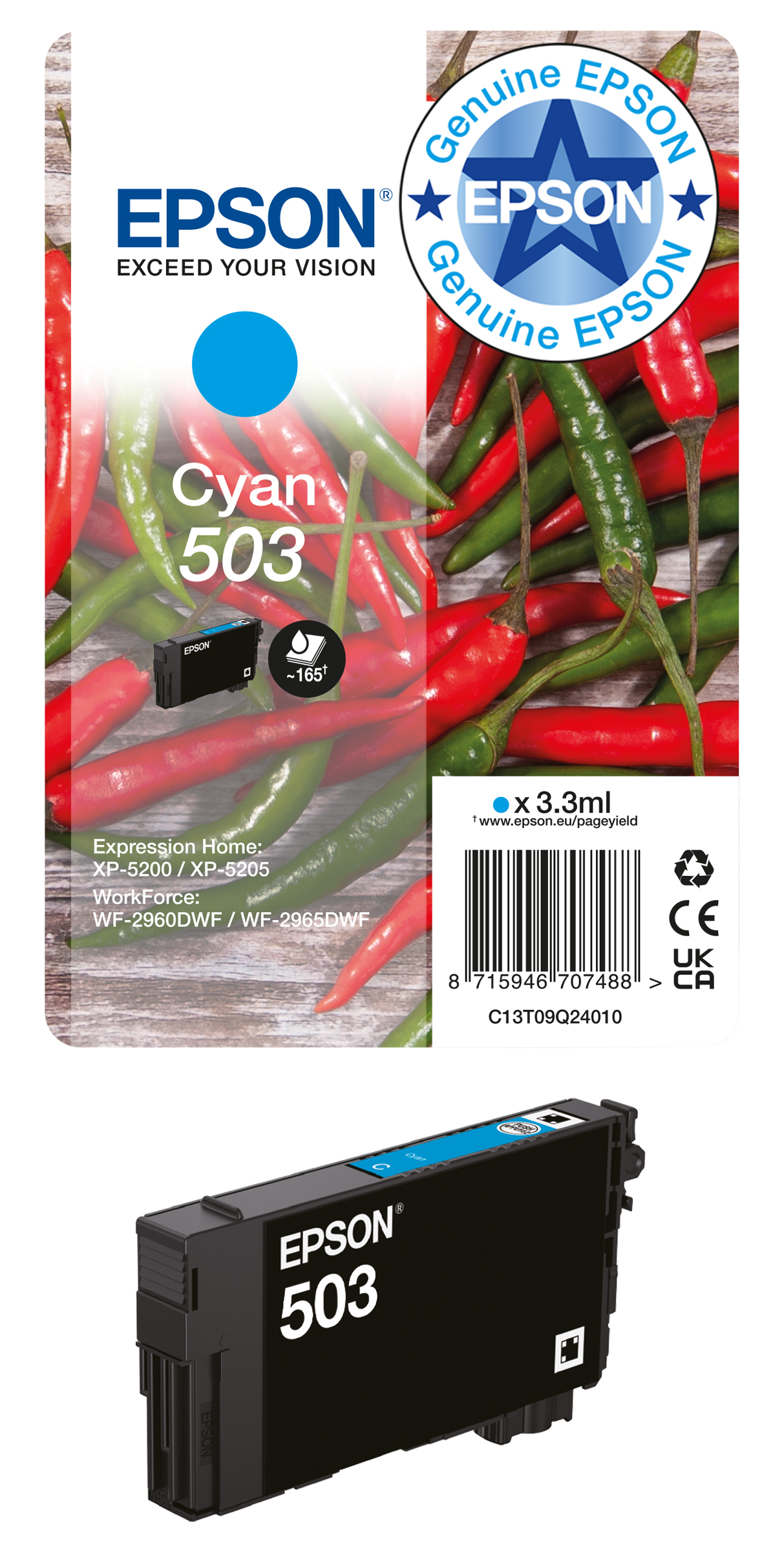 Opakowanie tuszu Epson 503 Cyan z czerwonymi i zielonymi papryczkami chilli oraz widokiem z przodu.