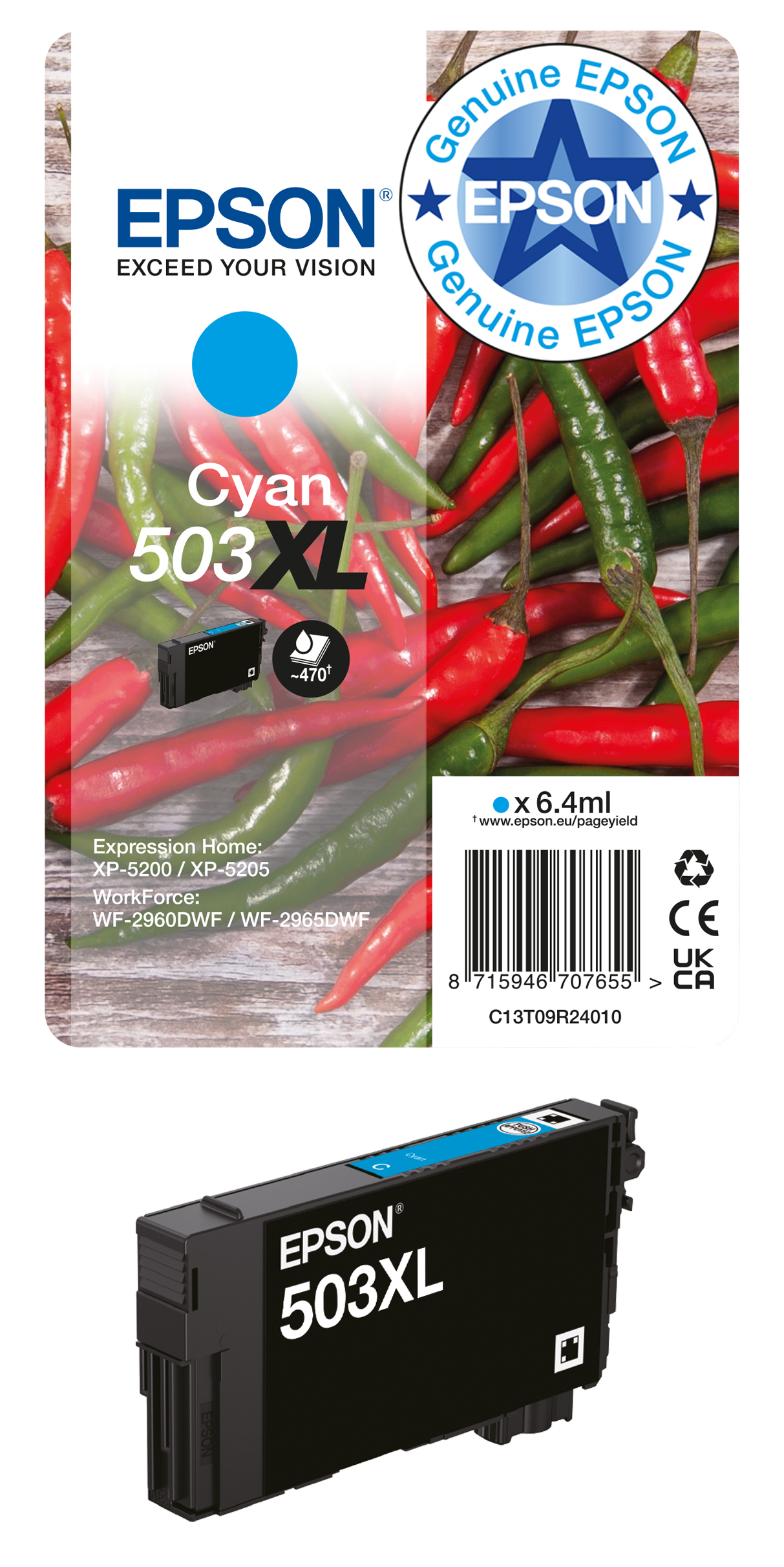Kartridż z atramentem cyan Epson 503XL, opakowanie z tłem z papryczek chili.