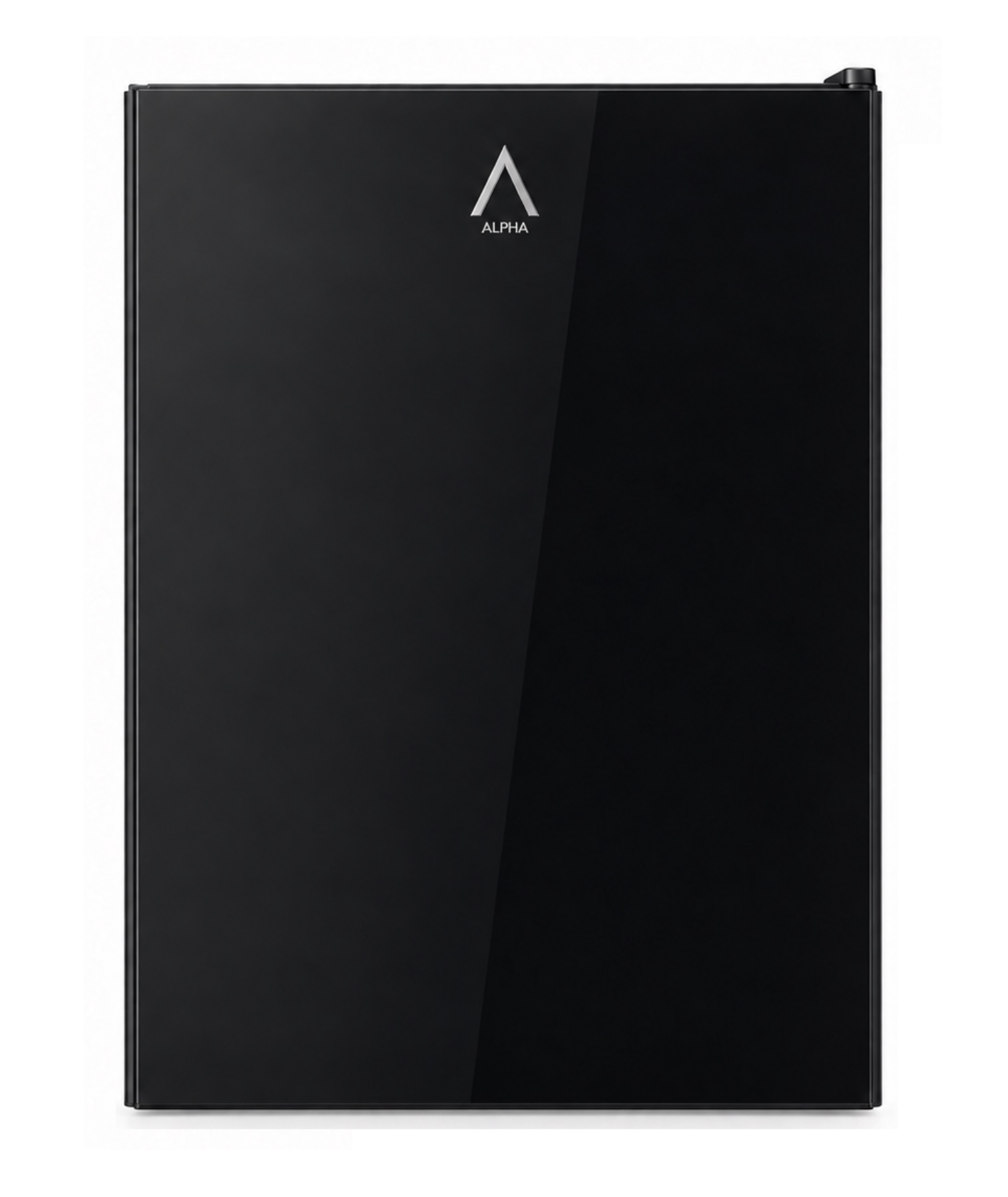 Frigorífico compacto negro con puerta de cristal brillante y el logotipo de Alpha arriba.