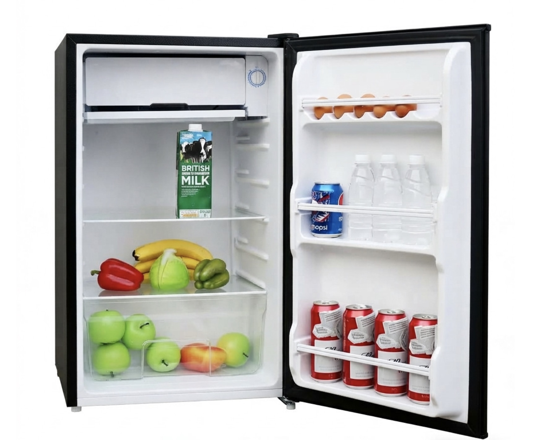 Una mininevera abierta llena de leche, fruta, bebidas y huevos.