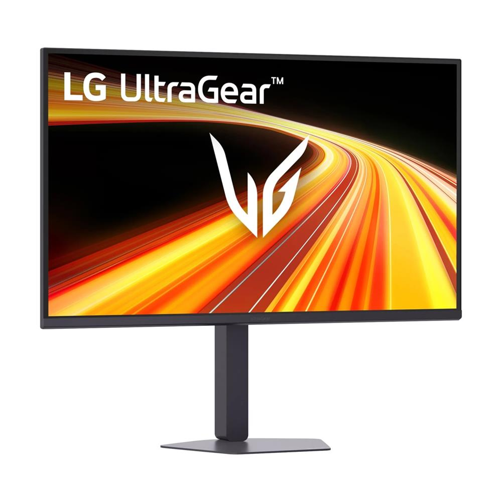 Parlak turuncu soyut arka plana sahip bir stand üzerinde duran LG UltraGear oyuncu monitörü.