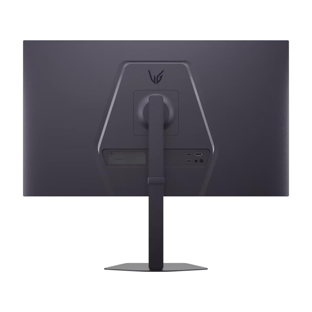 Stand üzerindeki koyu renkli monitörün arka görünümü, bağlantı noktaları ve logo ile.