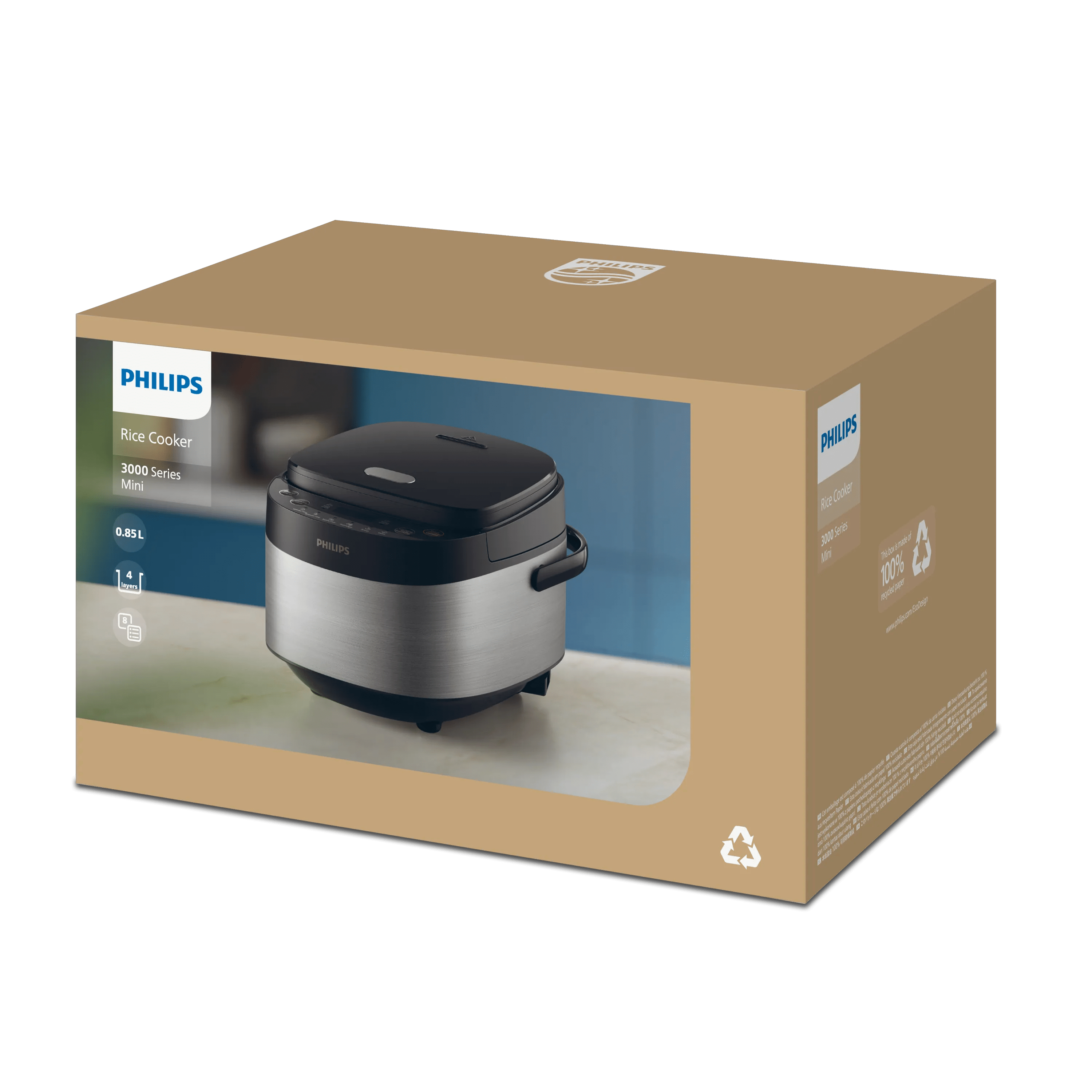 Philips Reiskocher 3000 Series Mini in Verpackung auf einem Tisch.
