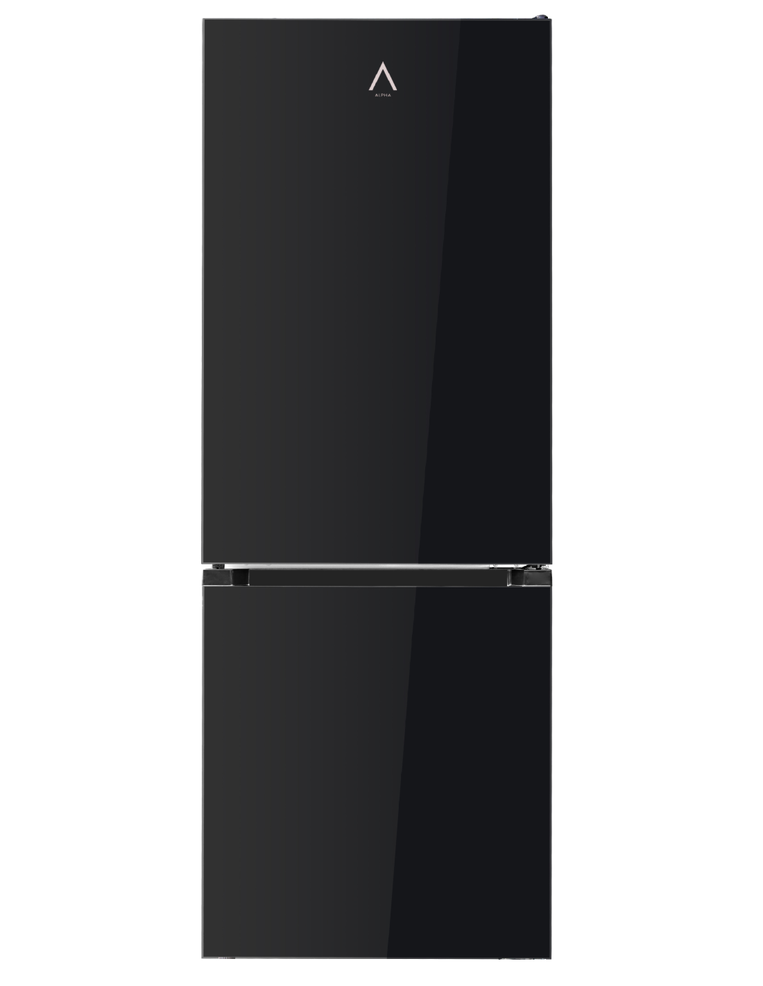 Refrigerador negro brillante con dos puertas y logotipo plateado.