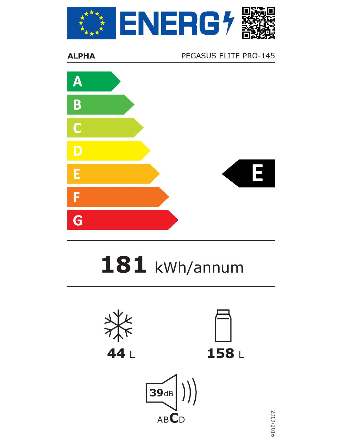 Etiqueta energética de la UE para Alpha Pegasus Elite Pro-145, clase E, 181 kWh al año.