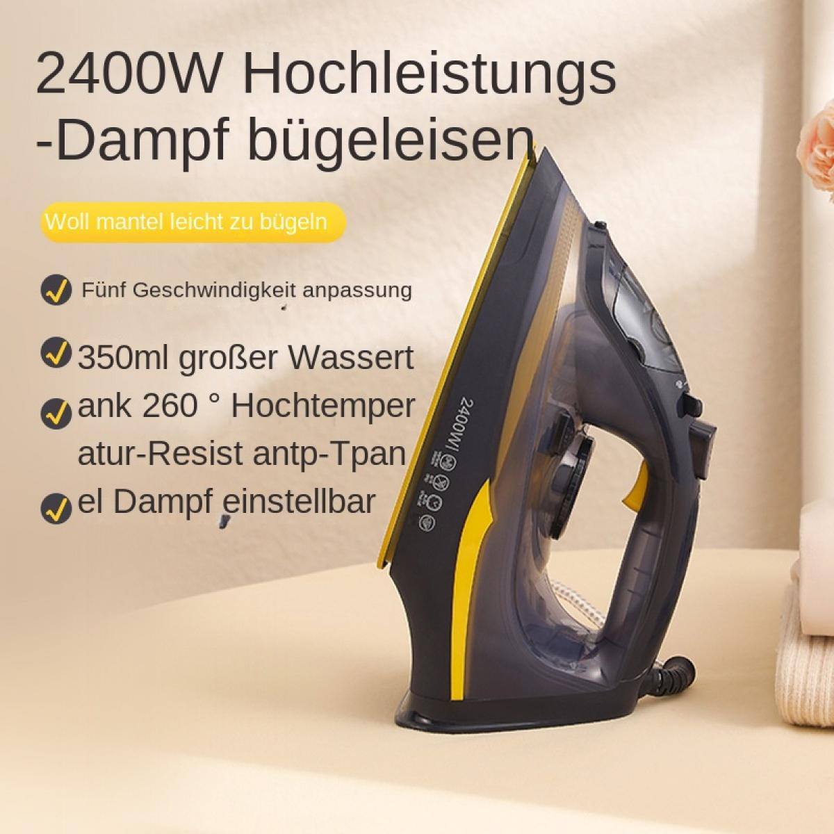 Ein schwarzes und gelbes 2400W Dampfbügeleisen steht auf einer beige Oberfläche vor einem neutralen Hintergrund.