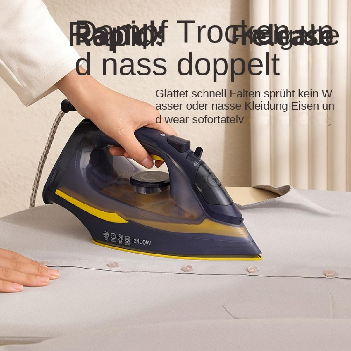 Hand bügelt graues Hemd mit dunkelblau-gelbem Dampfbügeleisen.