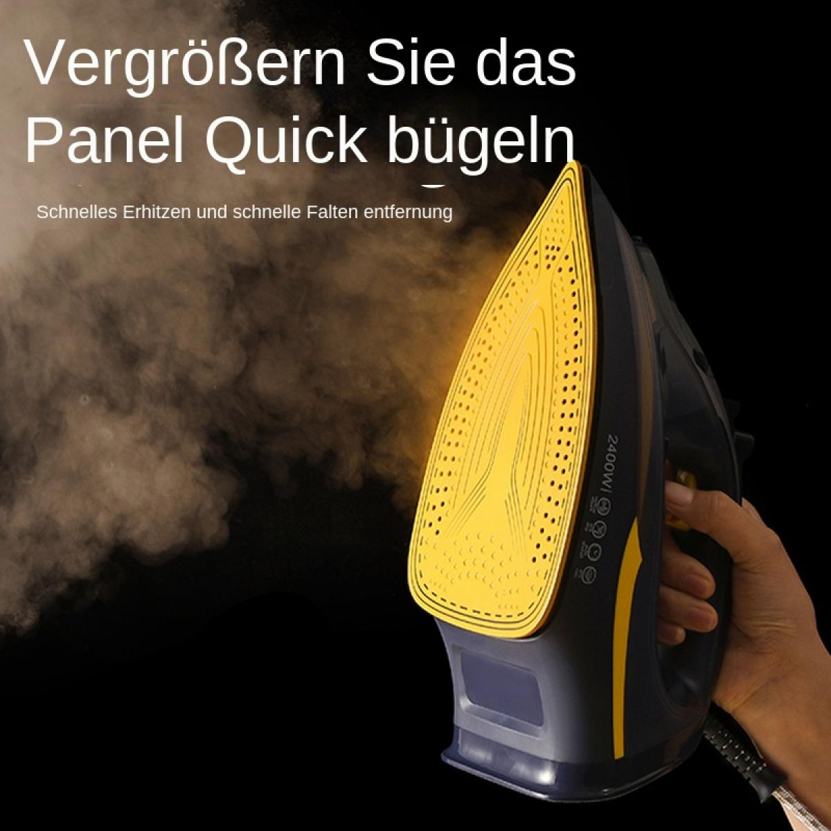 Eine Hand hält ein schwarzes und gelbes Dampfbügeleisen, das viel Dampf erzeugt.