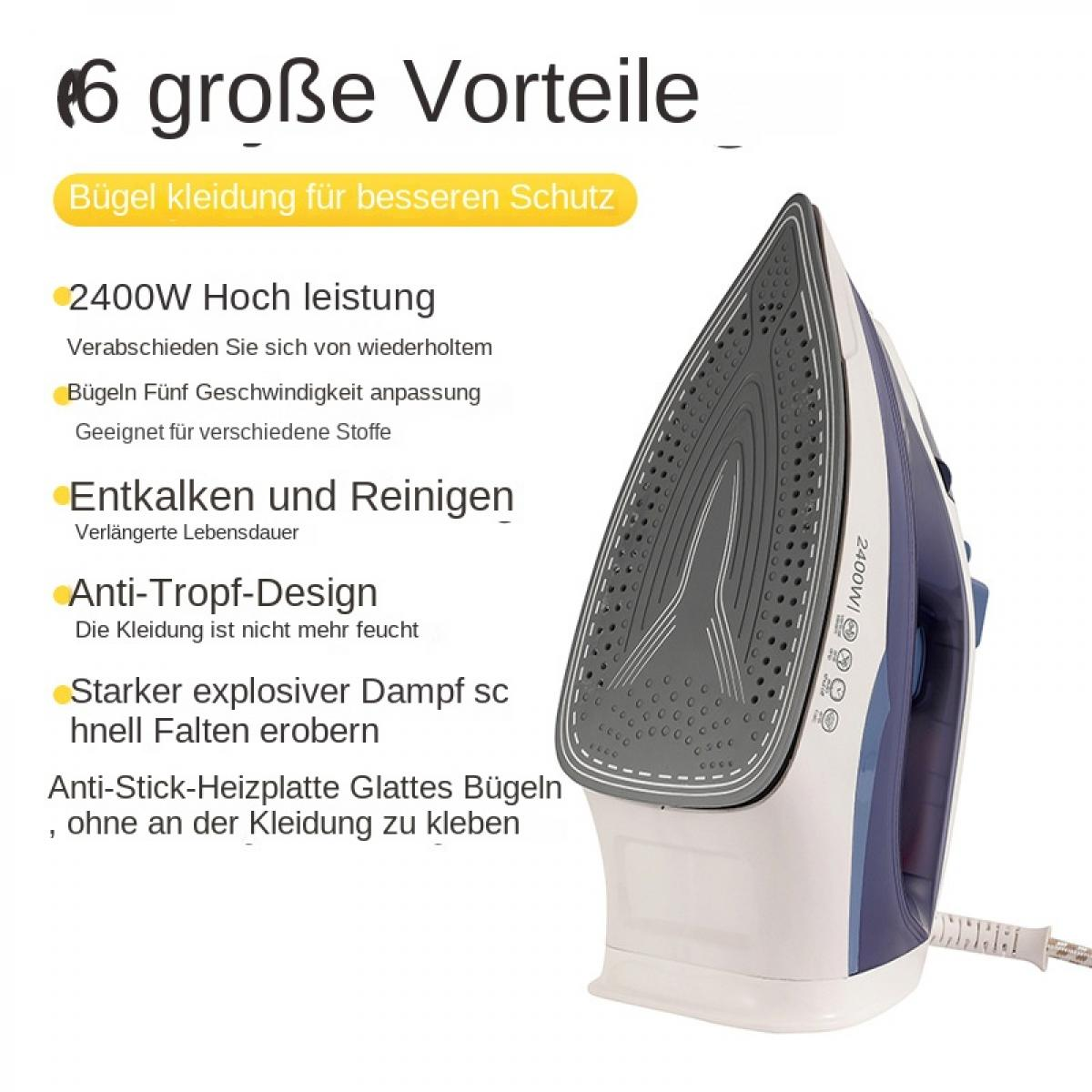 Ein weiß-lila Dampfbügeleisen mit Texten auf Deutsch, die seine Vorteile beschreiben.