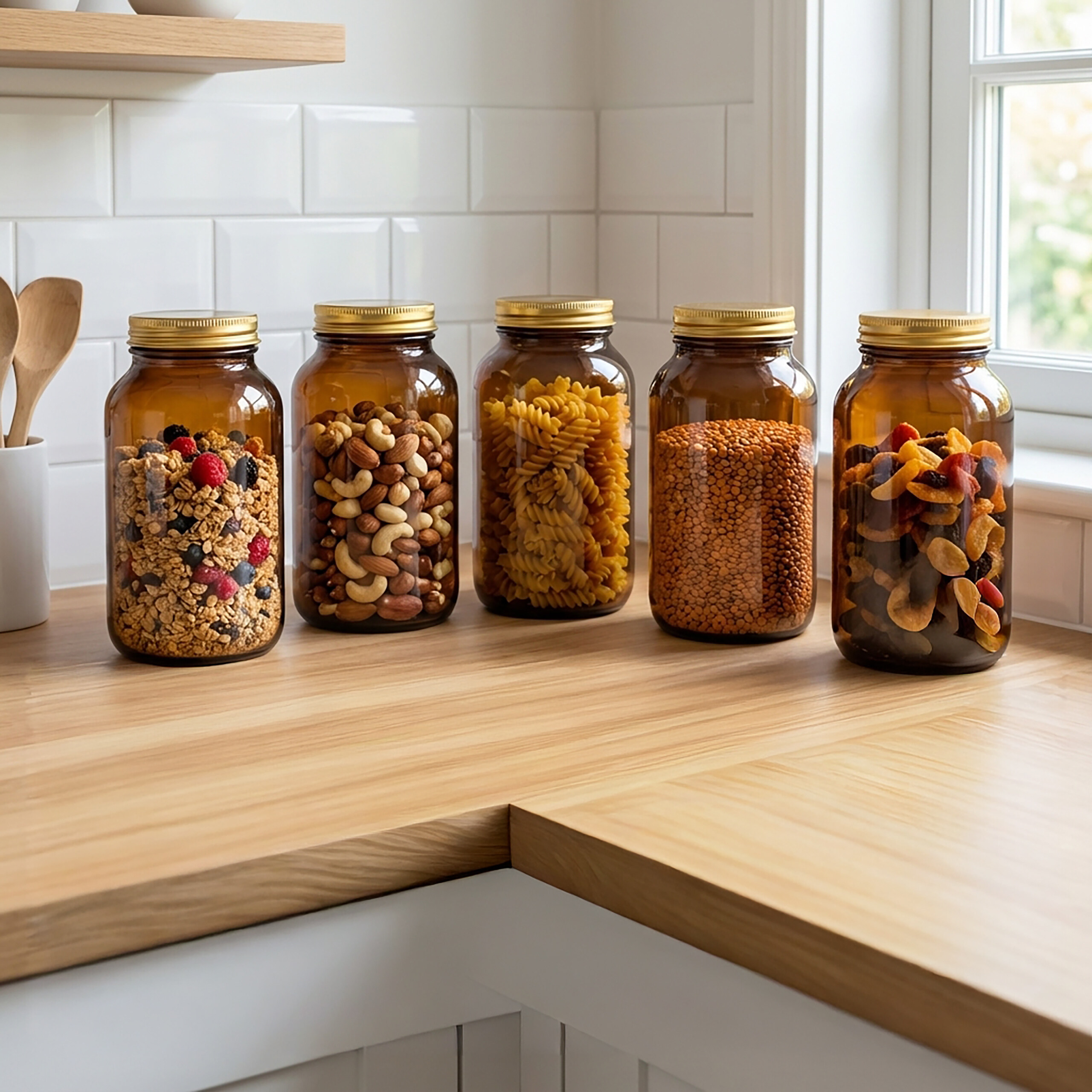 Fünf Glasbehälter mit Müsli, Nüssen, Pasta, Linsen und getrocknetem Obst stehen auf einer Holztheke in einer Küche.