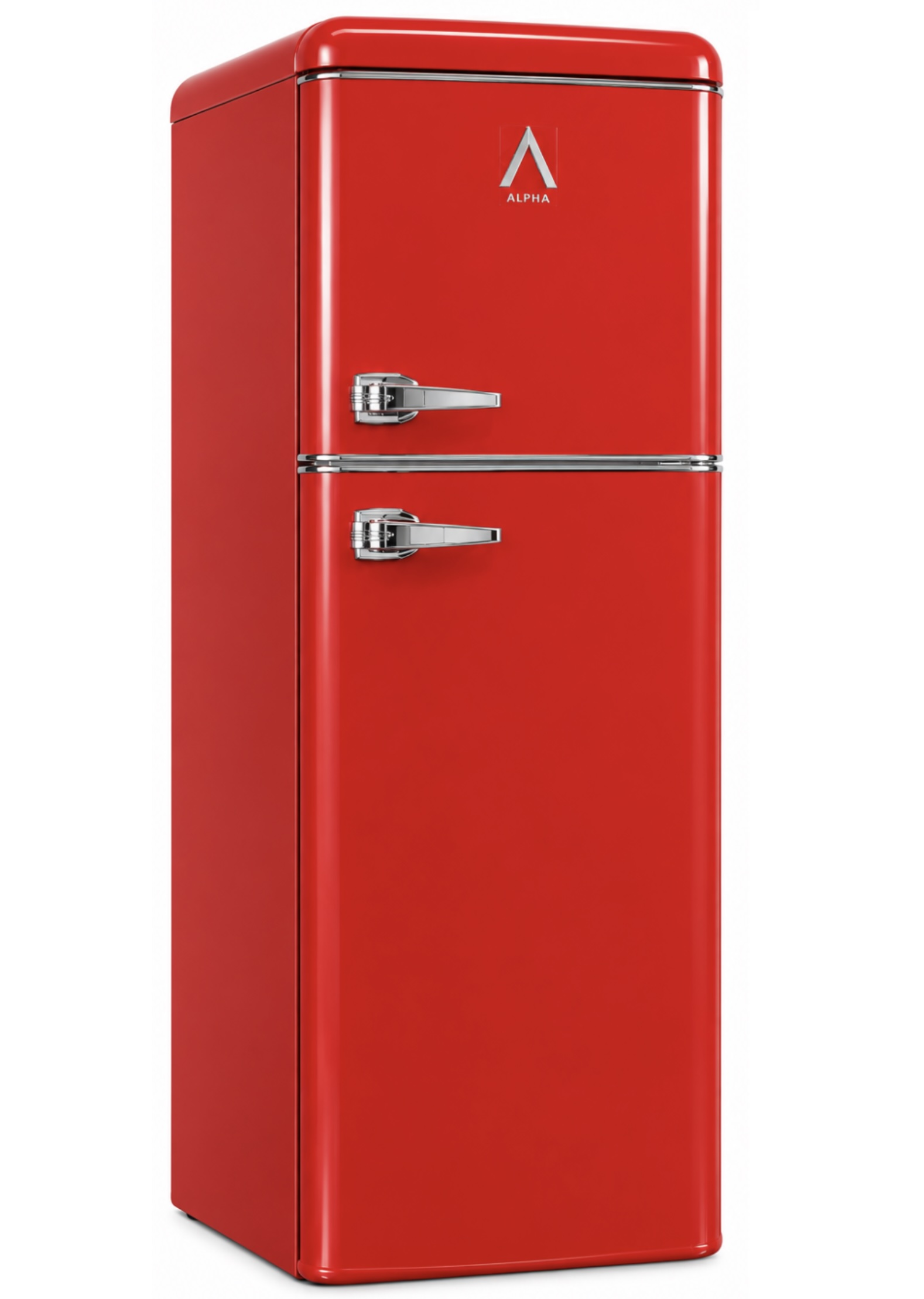 Un refrigerador retro rojo con tiradores cromados brillantes y el logotipo de Alpha, sobre fondo blanco.