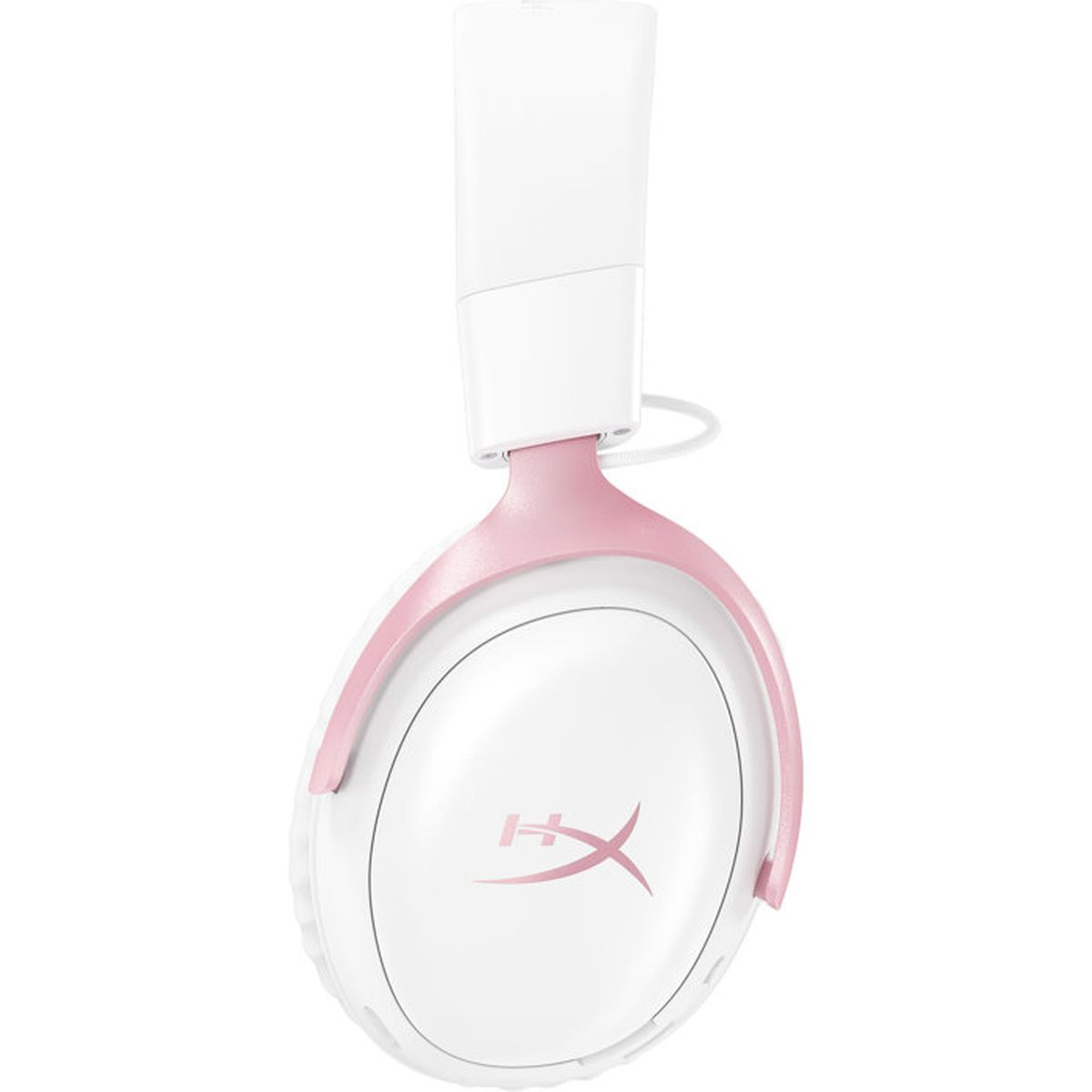 Cuffie da gioco Over-Ear bianche e rosa con logo HyperX su sfondo bianco.