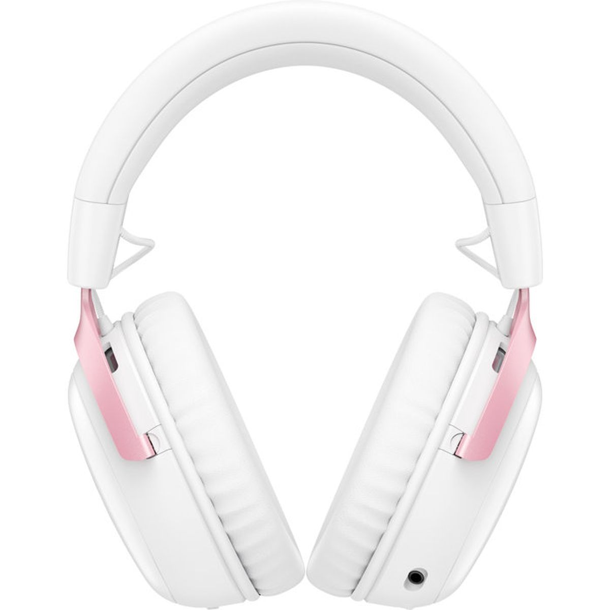 Cuffie over-ear bianche con dettagli rosa su sfondo bianco.