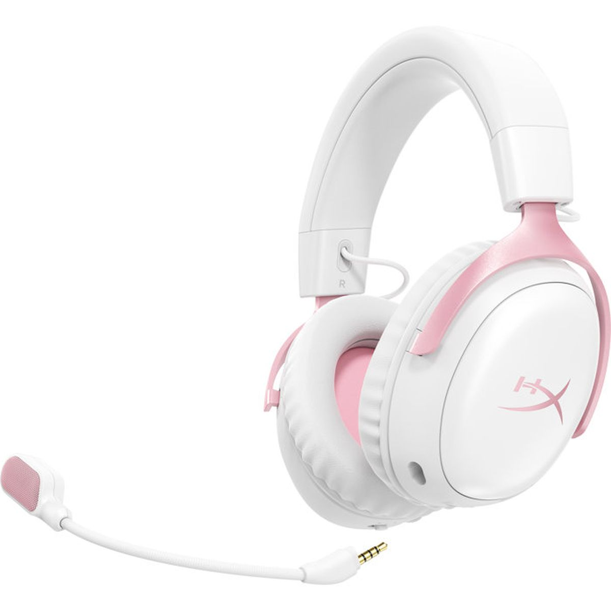 Cuffie da gioco bianche e rosa con microfono attaccato su uno sfondo bianco.
