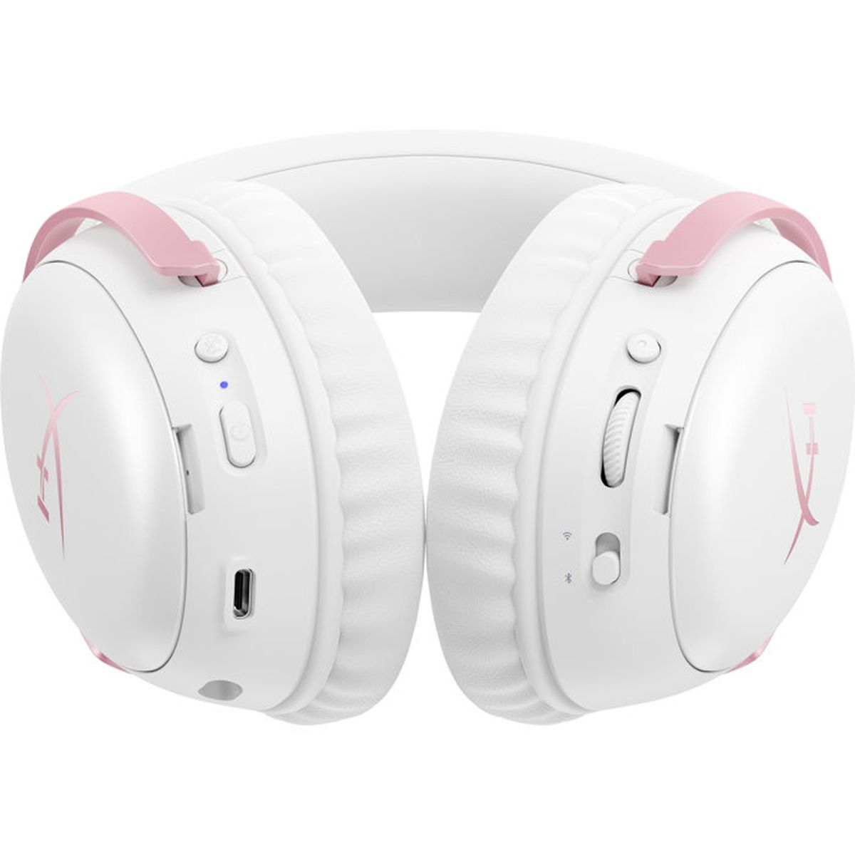 Cuffie da gioco bianche e rosa viste dal basso, con pulsanti, porte e morbidi cuscinetti.