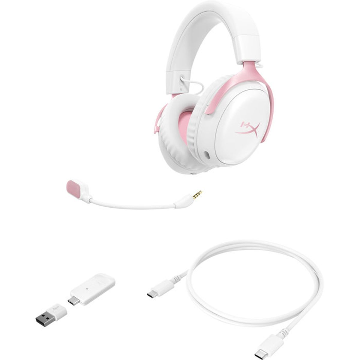 Cuffie da gioco bianche e rosa con microfono staccabile, adattatore USB e cavo di ricarica su sfondo bianco.