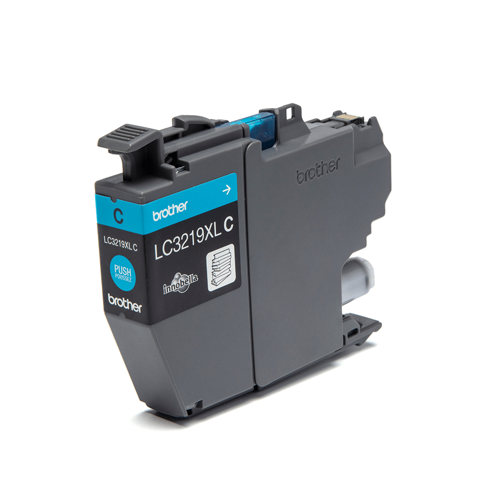 Eine graue Brother LC3219XL C Druckerpatrone mit einem blauen Etikett auf weißem Hintergrund.