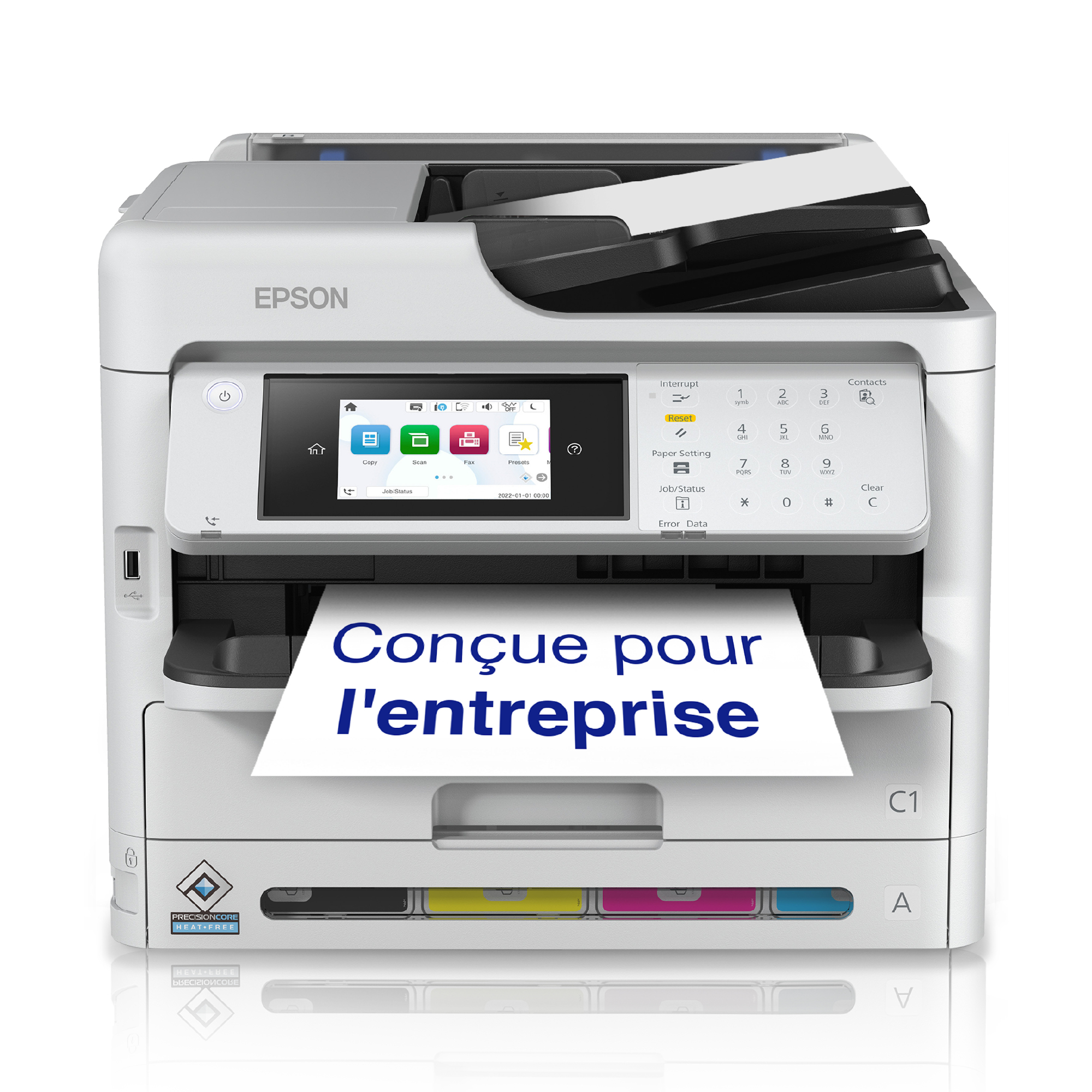 Una stampante Epson stampa un foglio con la scritta blu Conçue pour l'entreprise.