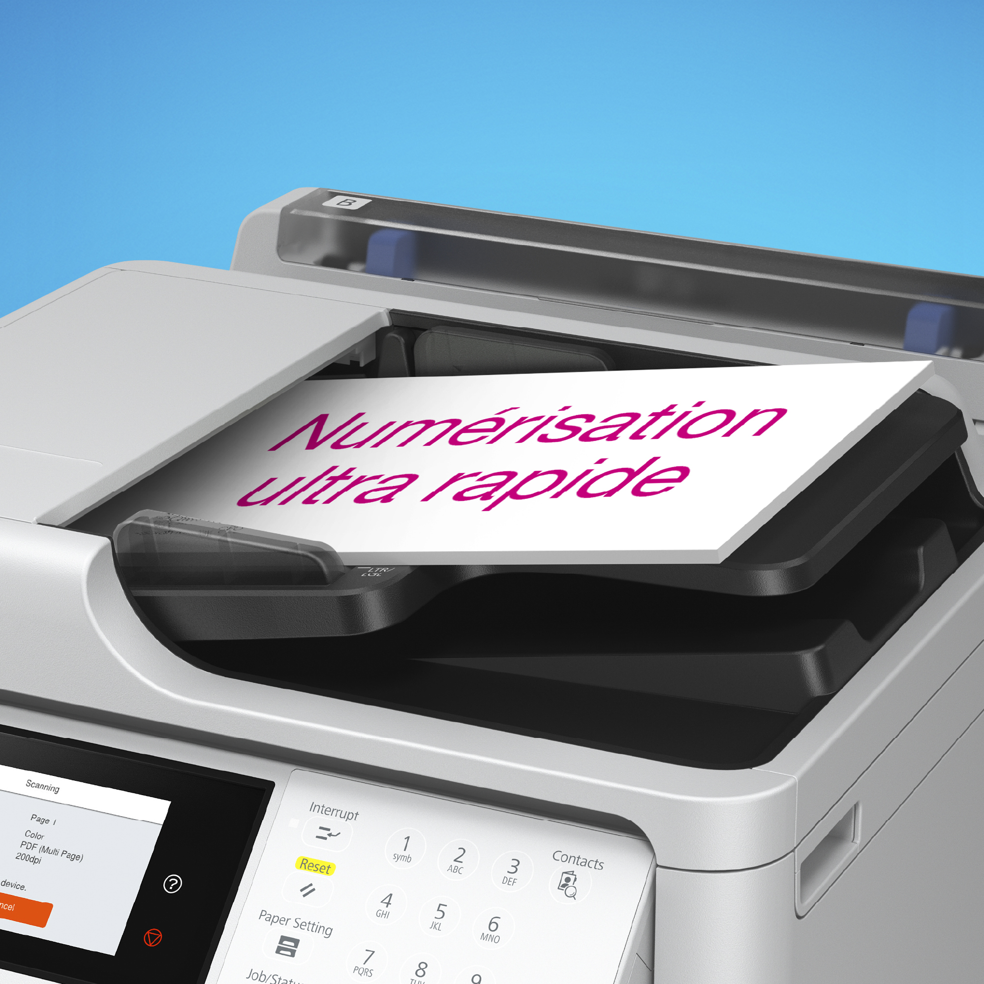 Uno scanner bianco moderno con una pila di carta e testo nell'alimentatore su sfondo blu.