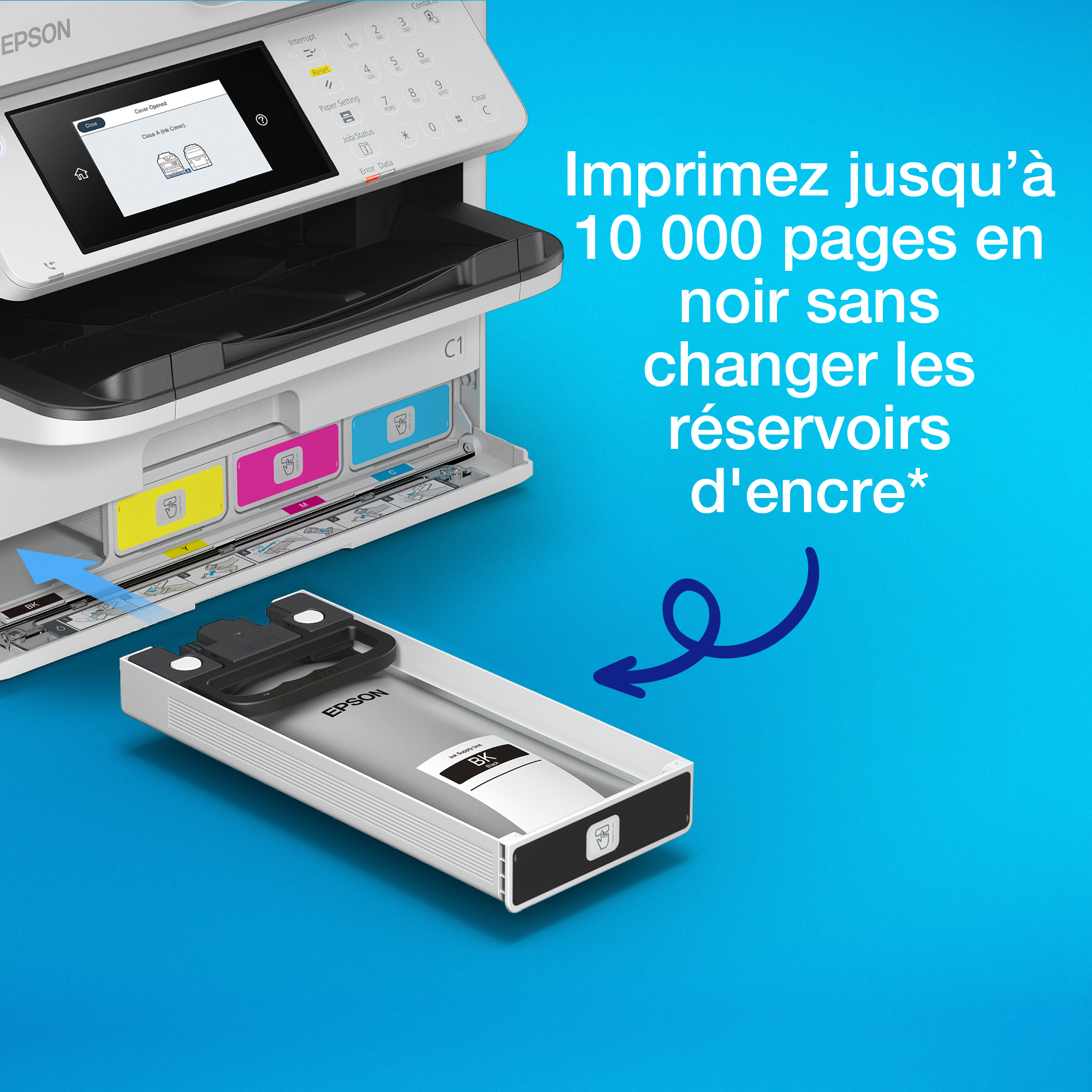 Stampante Epson con vano inchiostro aperto e cartuccia estratta.