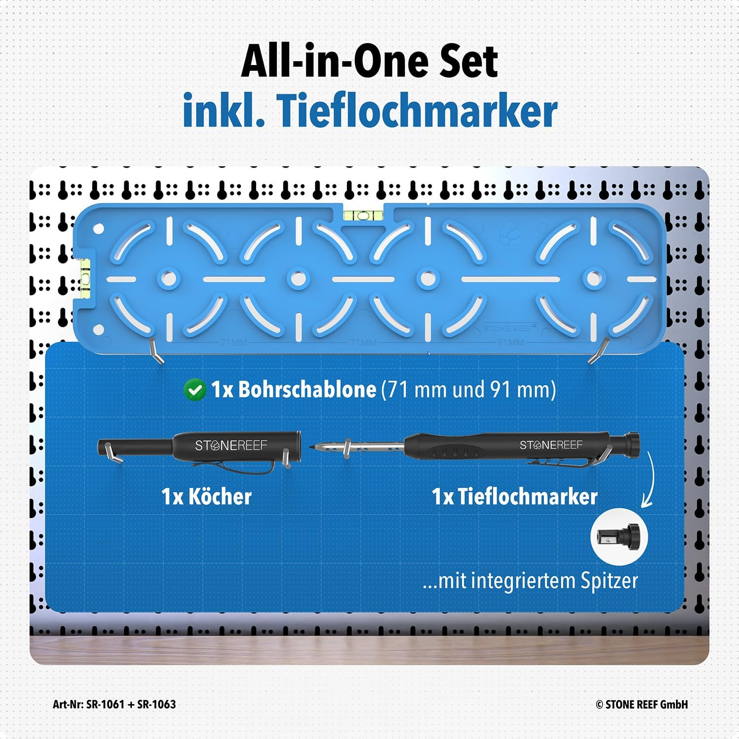 Eine blaue Bohrschablone, ein schwarzer Köcher und ein Tieflochmarker mit integriertem Spitzer werden angezeigt.