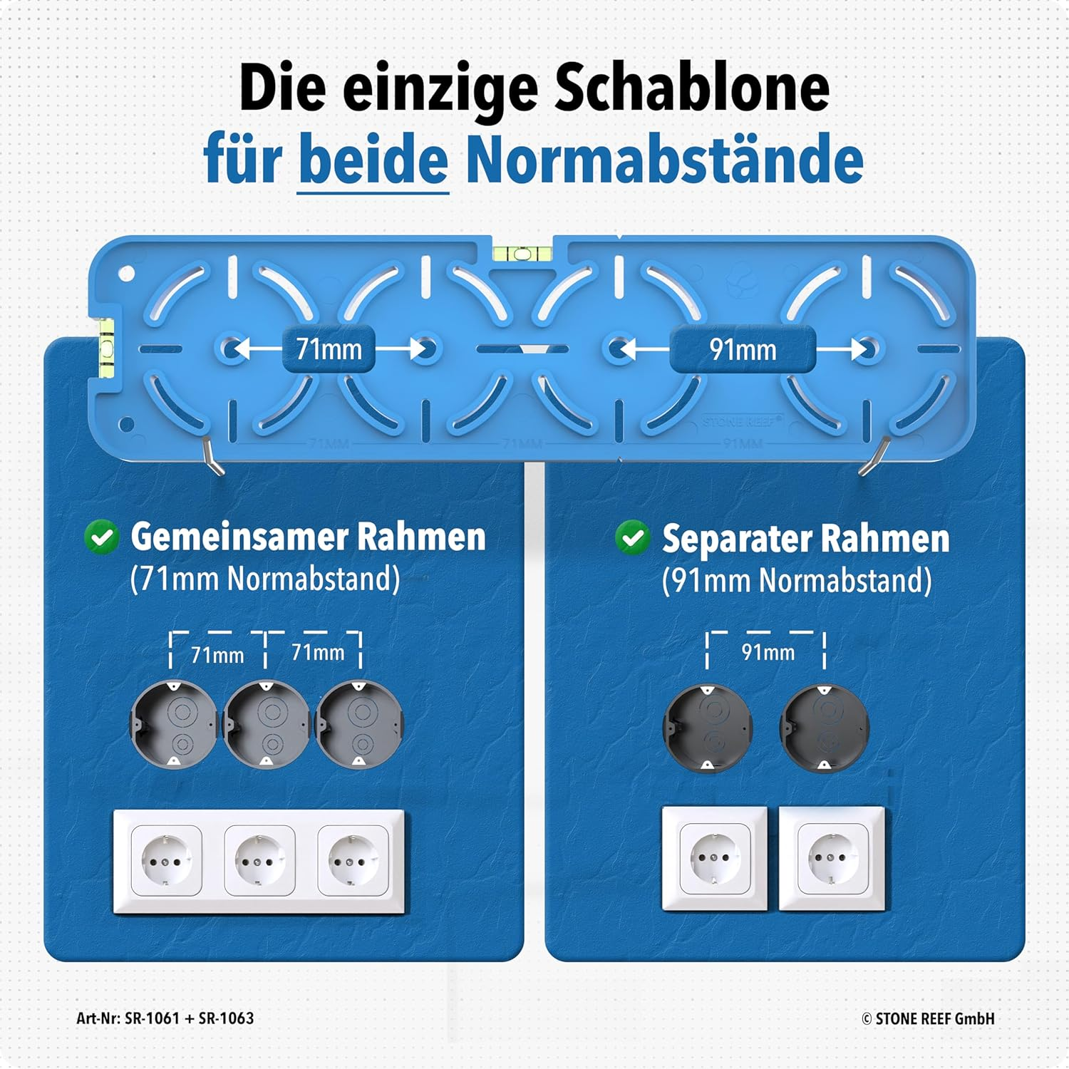 Blaue Schablone für 71mm und 91mm Normabstände mit Steckdosenbeispielen.