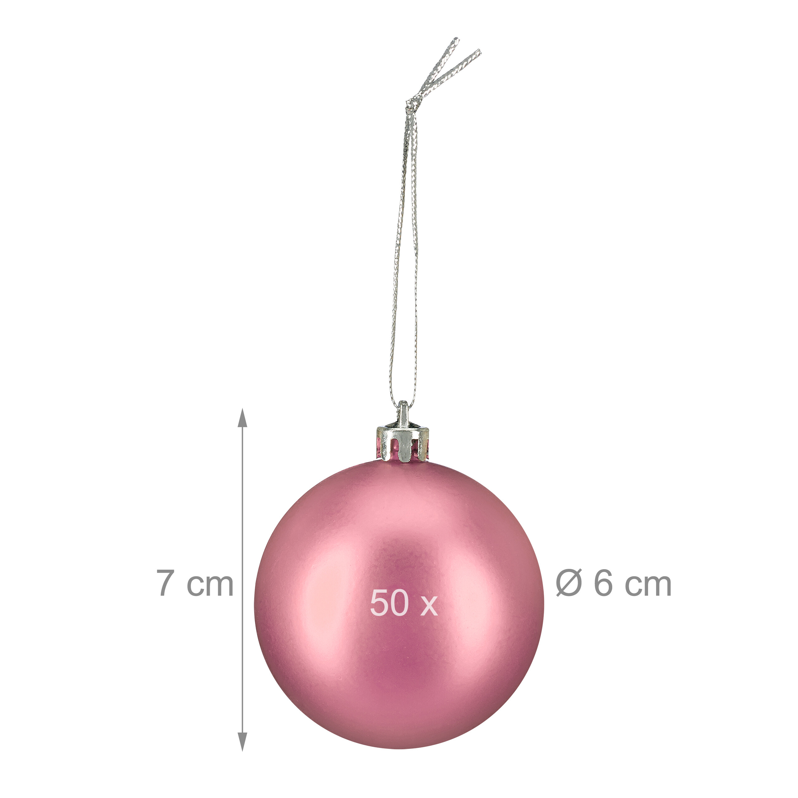 Glänzende rosa Weihnachtskugel mit Aufhängung und Abmessungsangaben.