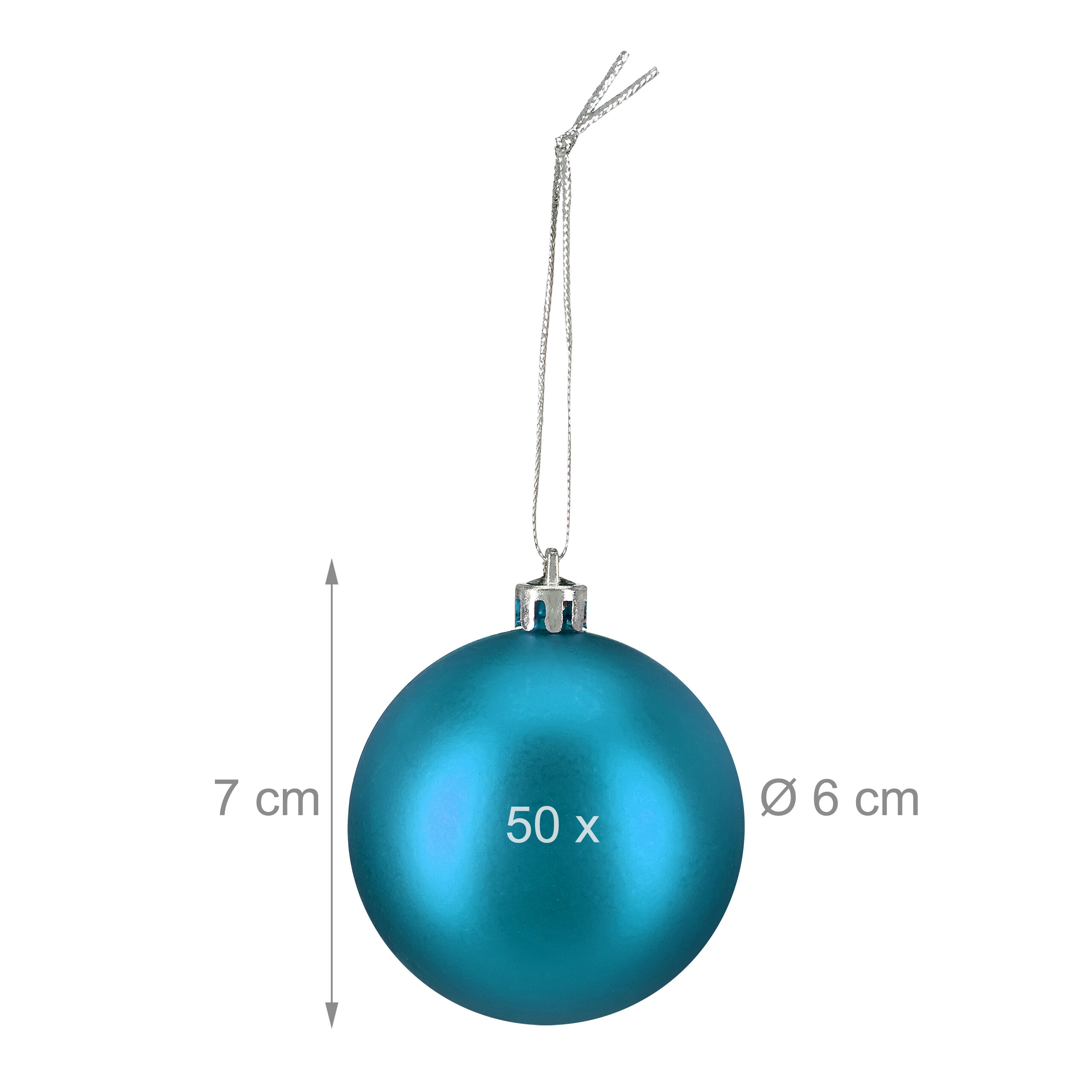 Blaue Weihnachtskugel mit Silberkappe und Kordel, Höhe 7 cm, Durchmesser 6 cm, Menge 50 Stück.