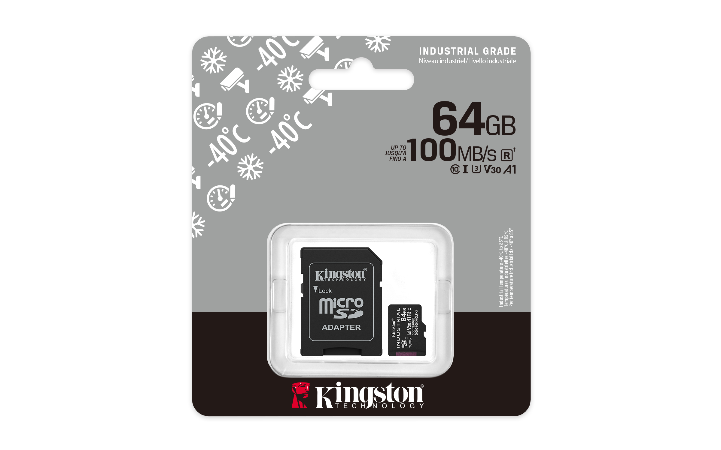 Tarjeta MicroSD Kingston Industrial Grade de 64GB con adaptador en su embalaje.