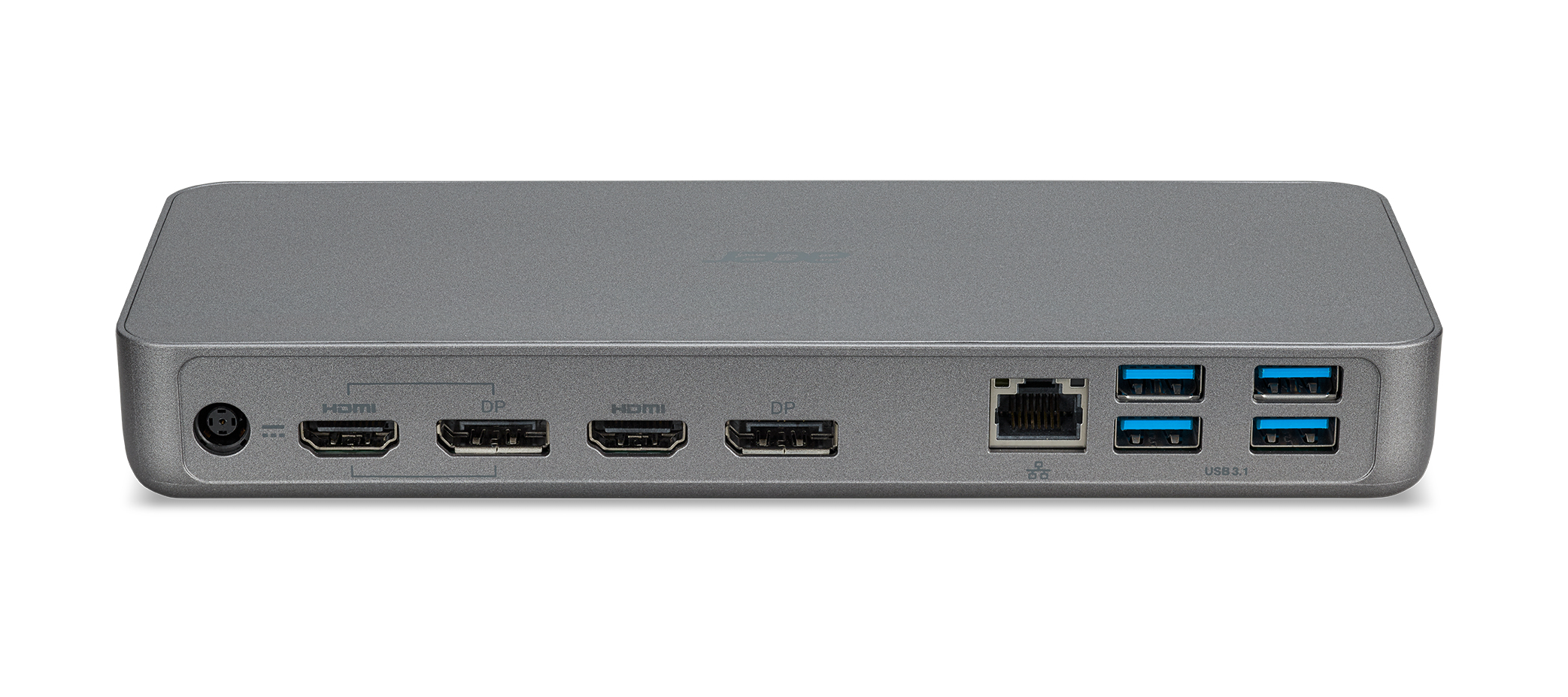 Graue Dockingstation mit verschiedenen Anschlüssen wie HDMI, DisplayPort, Ethernet und USB-Ports auf der Rückseite.
