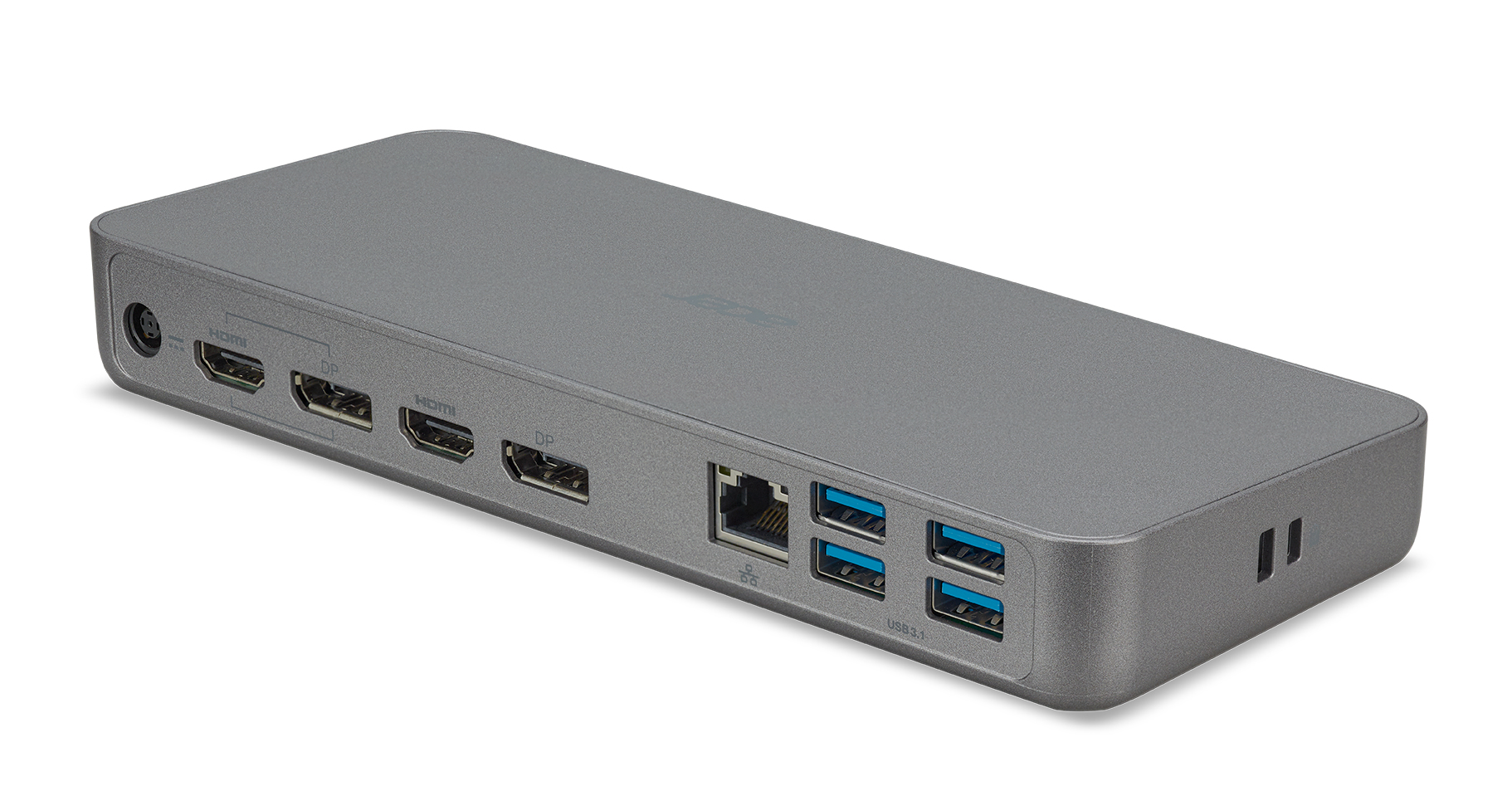 Eine graue Dockingstation mit HDMI-, DisplayPort-, Ethernet- und USB-Anschlüssen.