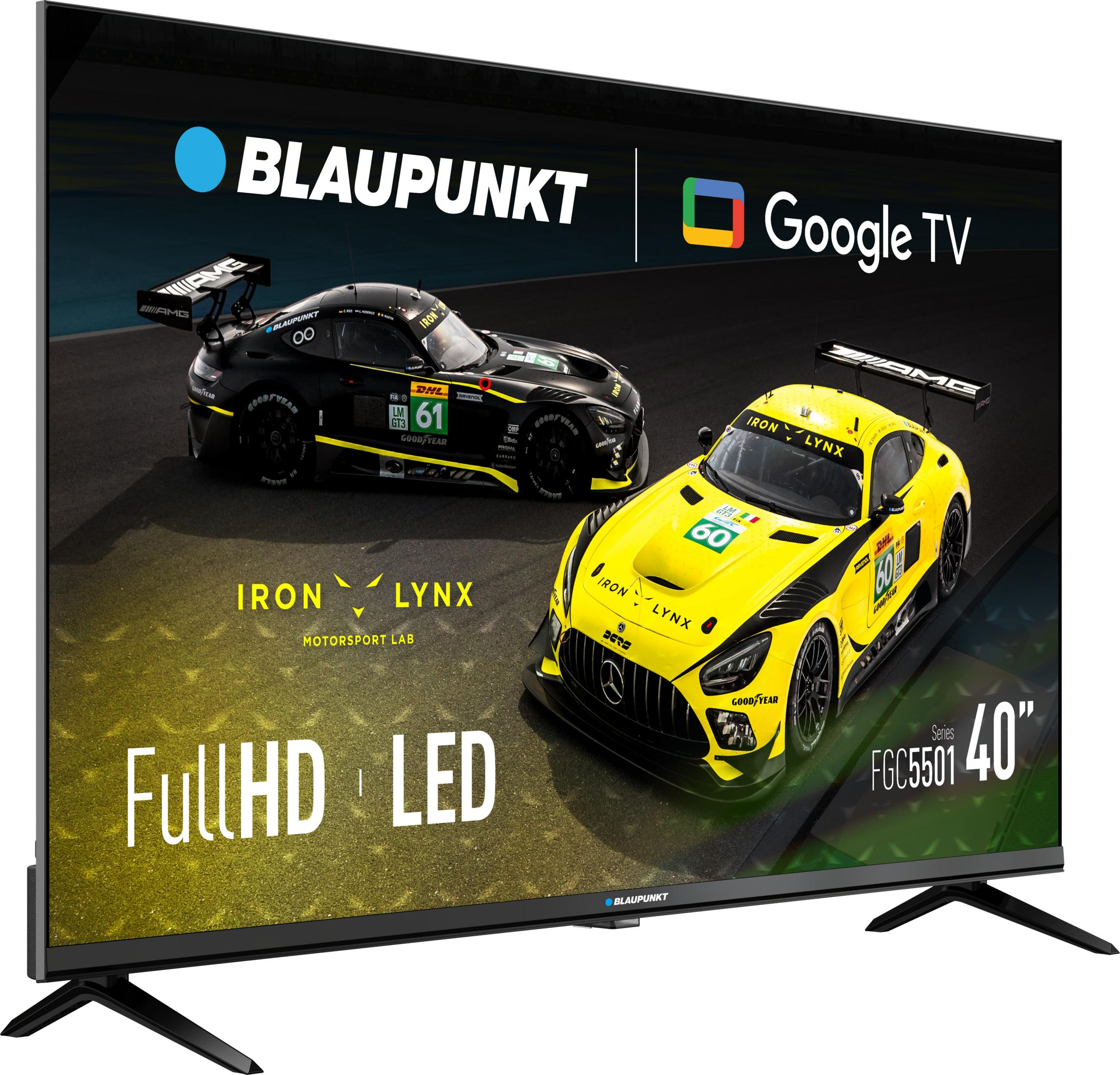 40-calowy telewizor Blaupunkt Google TV wyświetla obraz żółtych i czarnych samochodów wyścigowych.