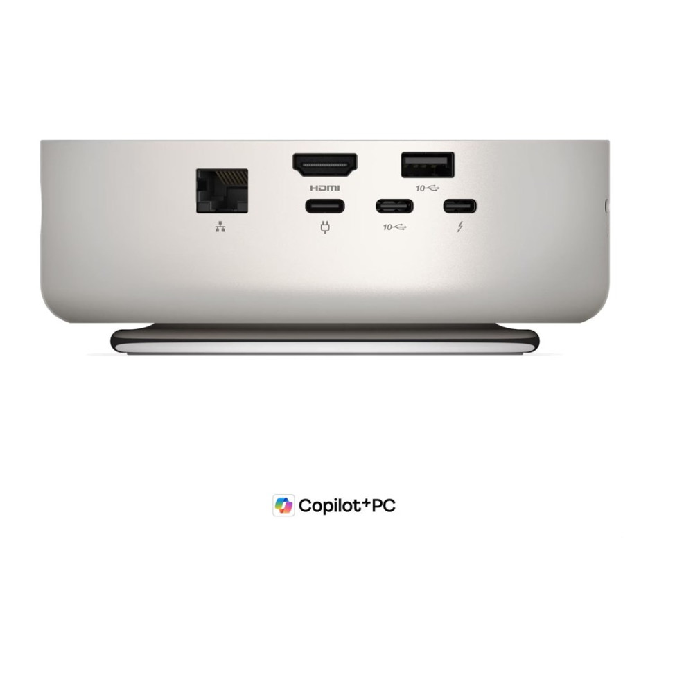 Widok z tyłu srebrnego mini PC z portami Ethernet, HDMI, USB i Thunderbolt oraz logo Copilot+PC.