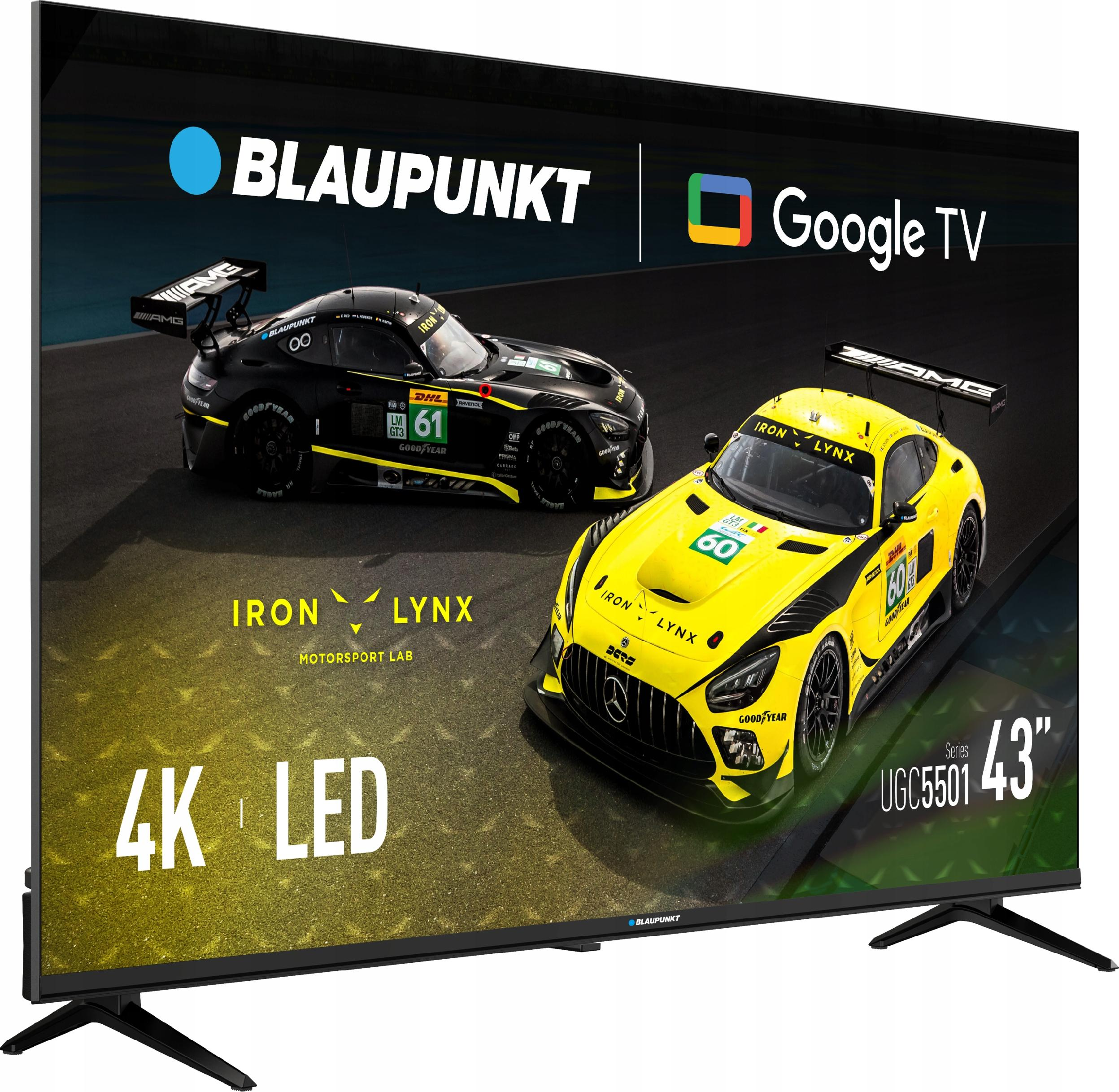 43-calowy telewizor Blaupunkt Google TV przedstawia samochody wyścigowe.