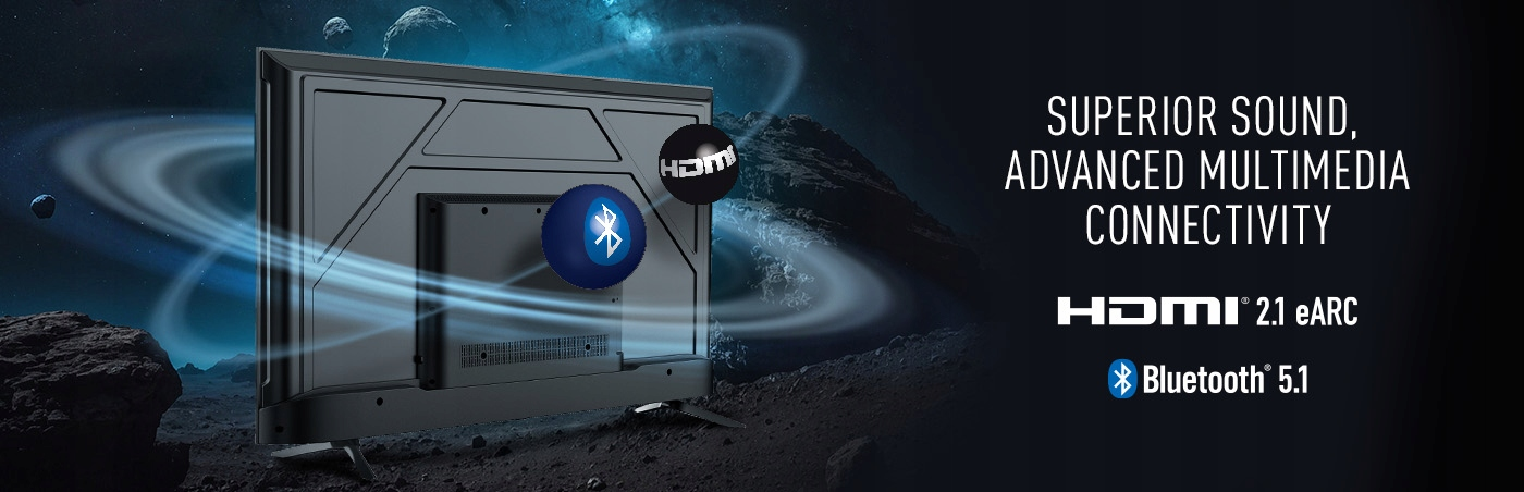 Tył telewizora w kosmicznym krajobrazie z tekstem HDMI 2.1 eARC i Bluetooth 5.1.
